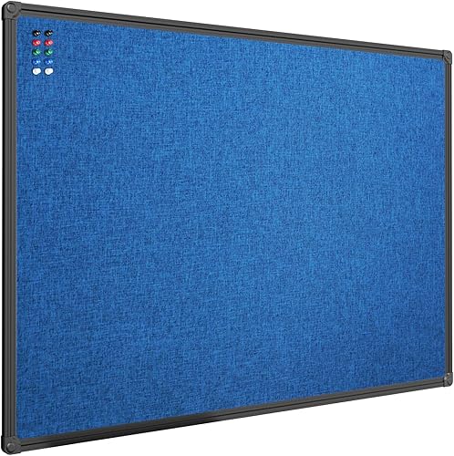 JILoffice Tablero de anuncios de lino de corcho de 36 x 24 pulgadas (azul), marco de aluminio negro montado en la pared, tablero de notas para