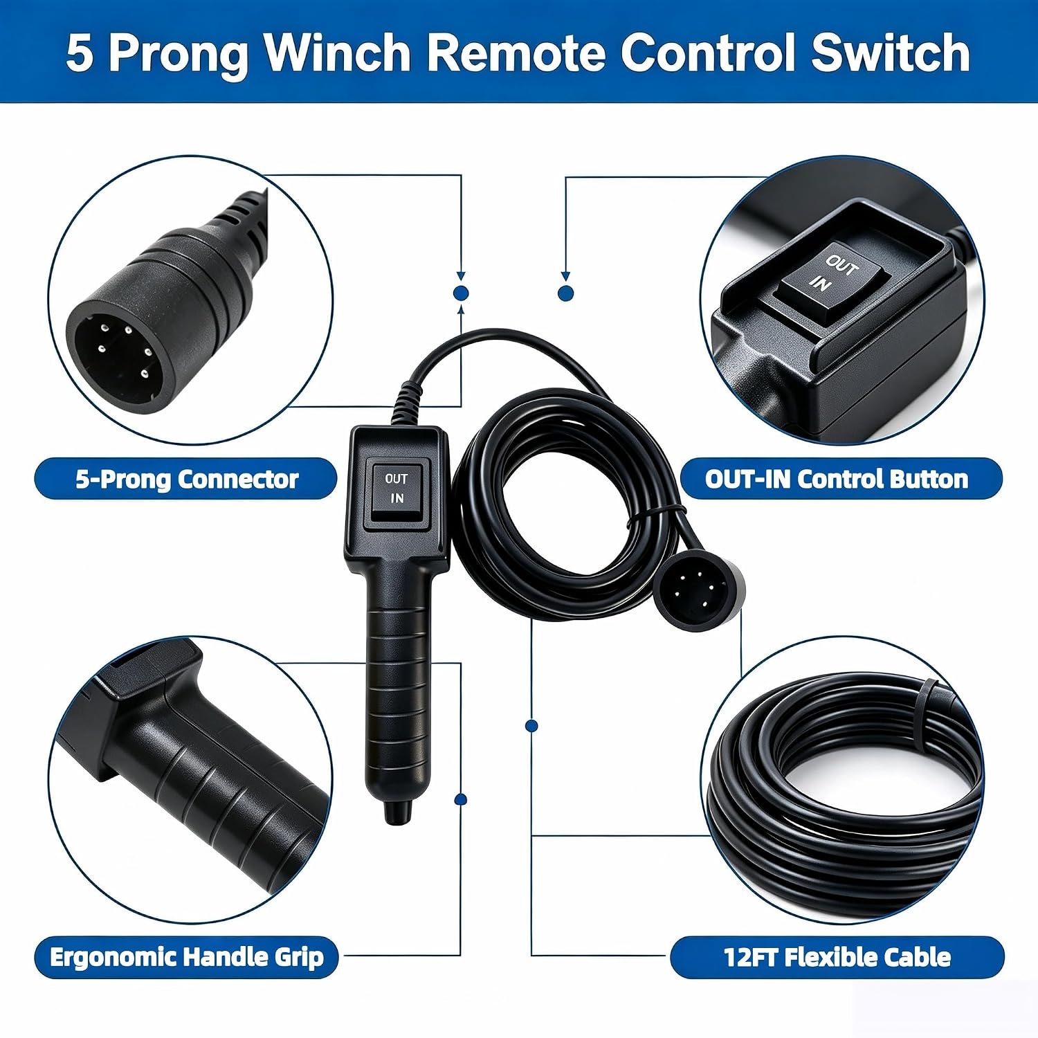 63769 Electric Winch Remote Control Switch | Electric Winch Compatible, 5-Prong Connector, Remote Operation, HFT Fitment, Control Switch