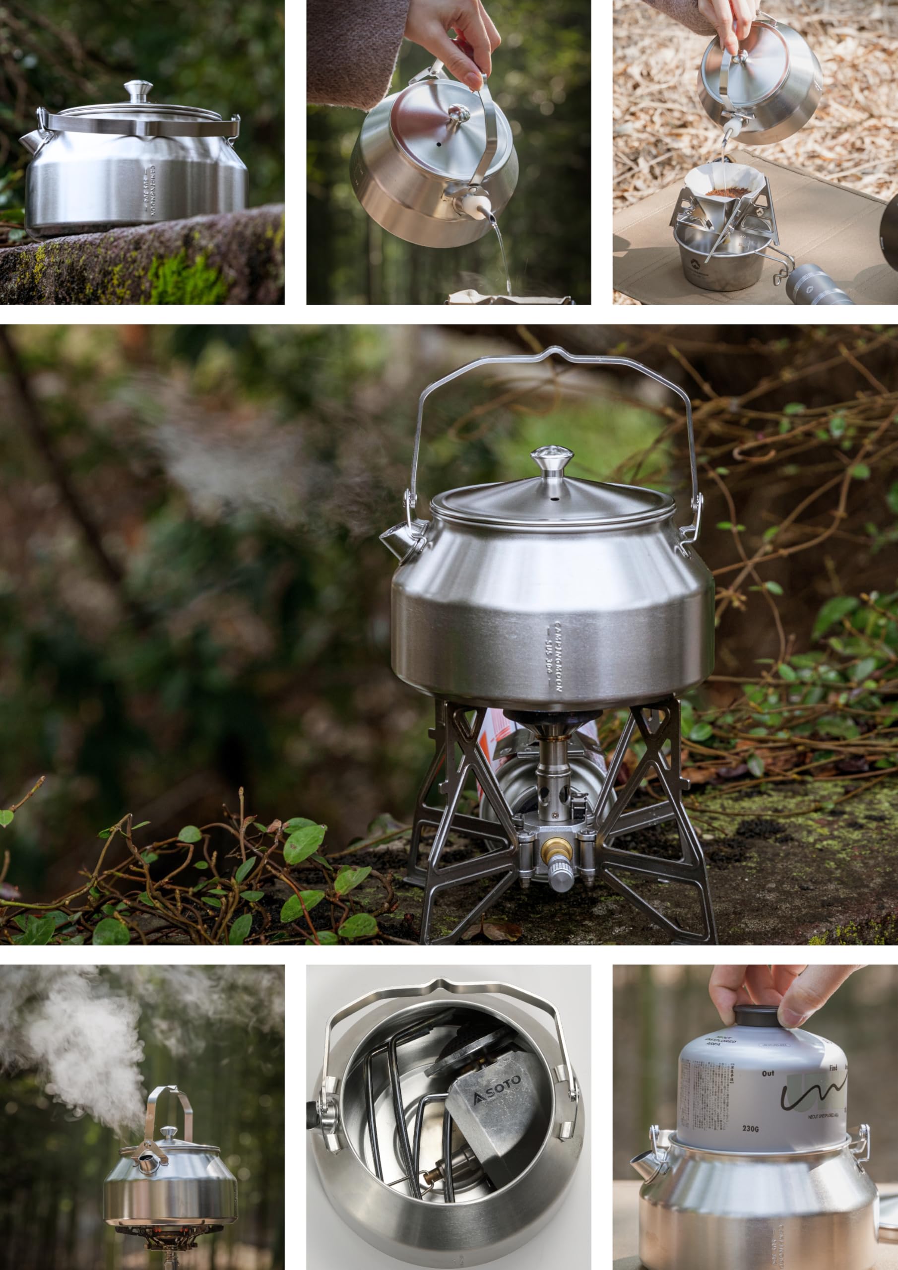 Campingmoon Bouilloire de camping portable en acier inoxydable pour camping, café, thé, bouilloire légère pour randonnée, pique-nique, pêche 1 L