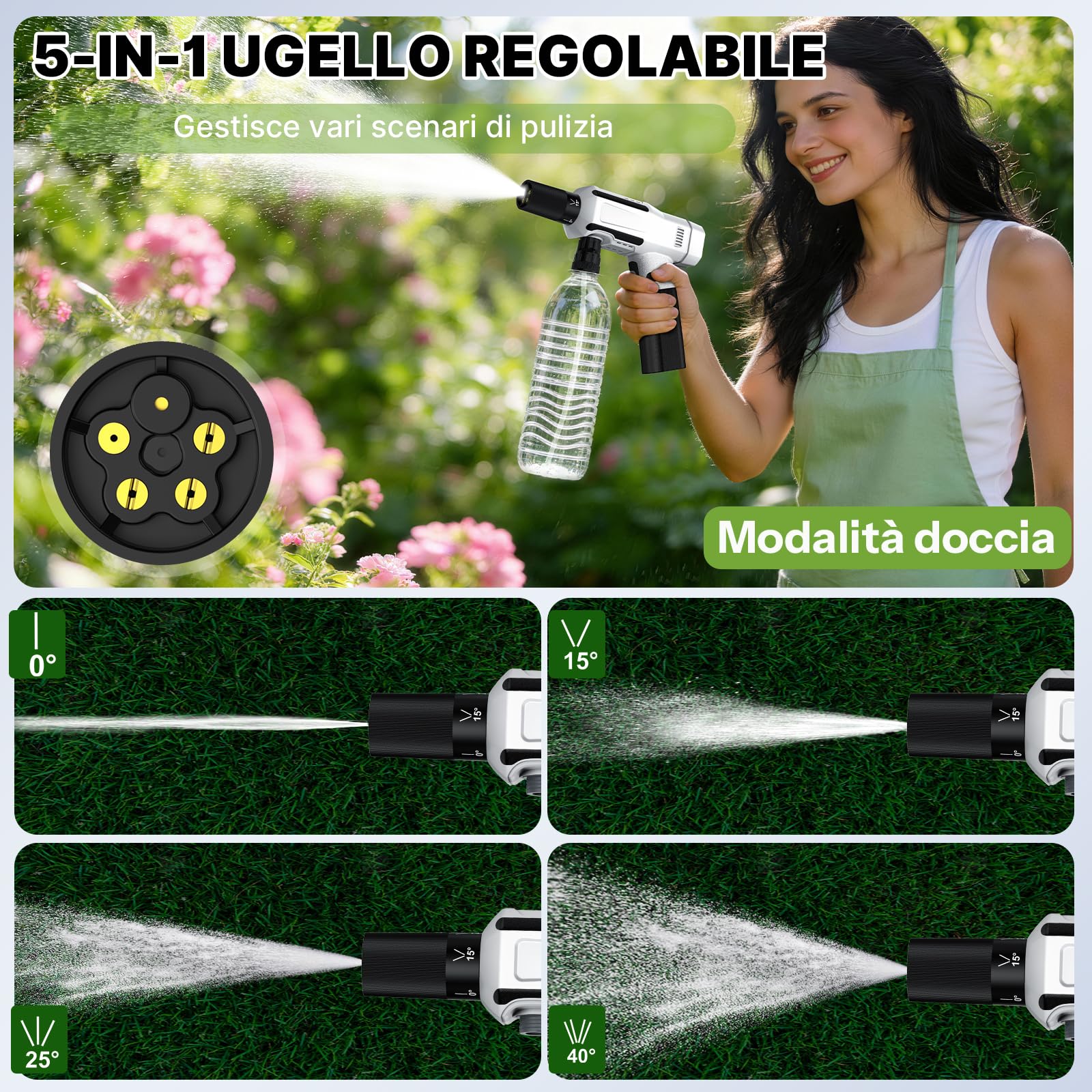 Robofun Mini pulitore ad alta pressione senza fili, 60Bar, pulitore ad alta pressione con, ugello girevole 5 in 1 e 180°, portatile e leggero,Pistola ad alta pressione batteria