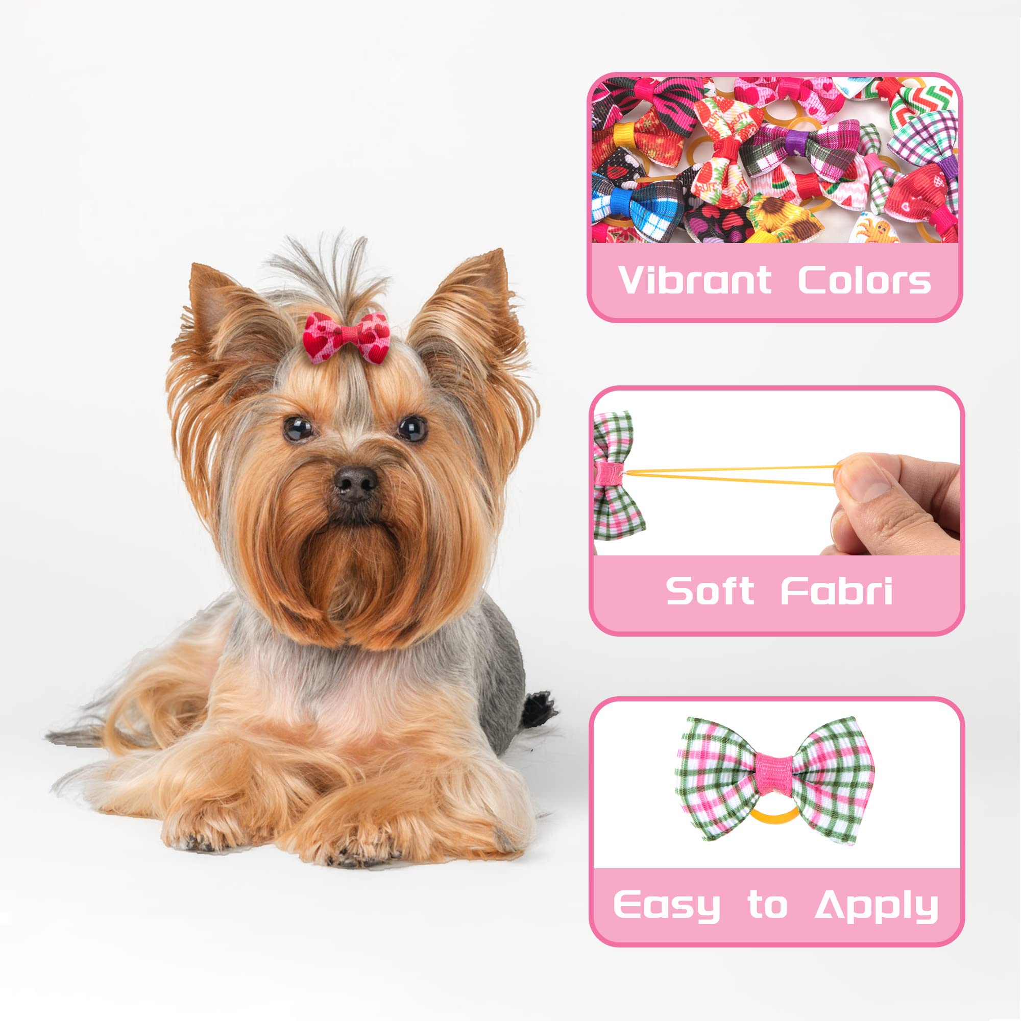 Accessoires pour Cheveux de Chien Arc Coiffe 50 Pièces épingle à Cheveux Animaux Cheveux de Chien Arcs Accessoires avec des Bandes de Caoutchouc pour Petits Chiens, Chats, Couleurs au Hasard