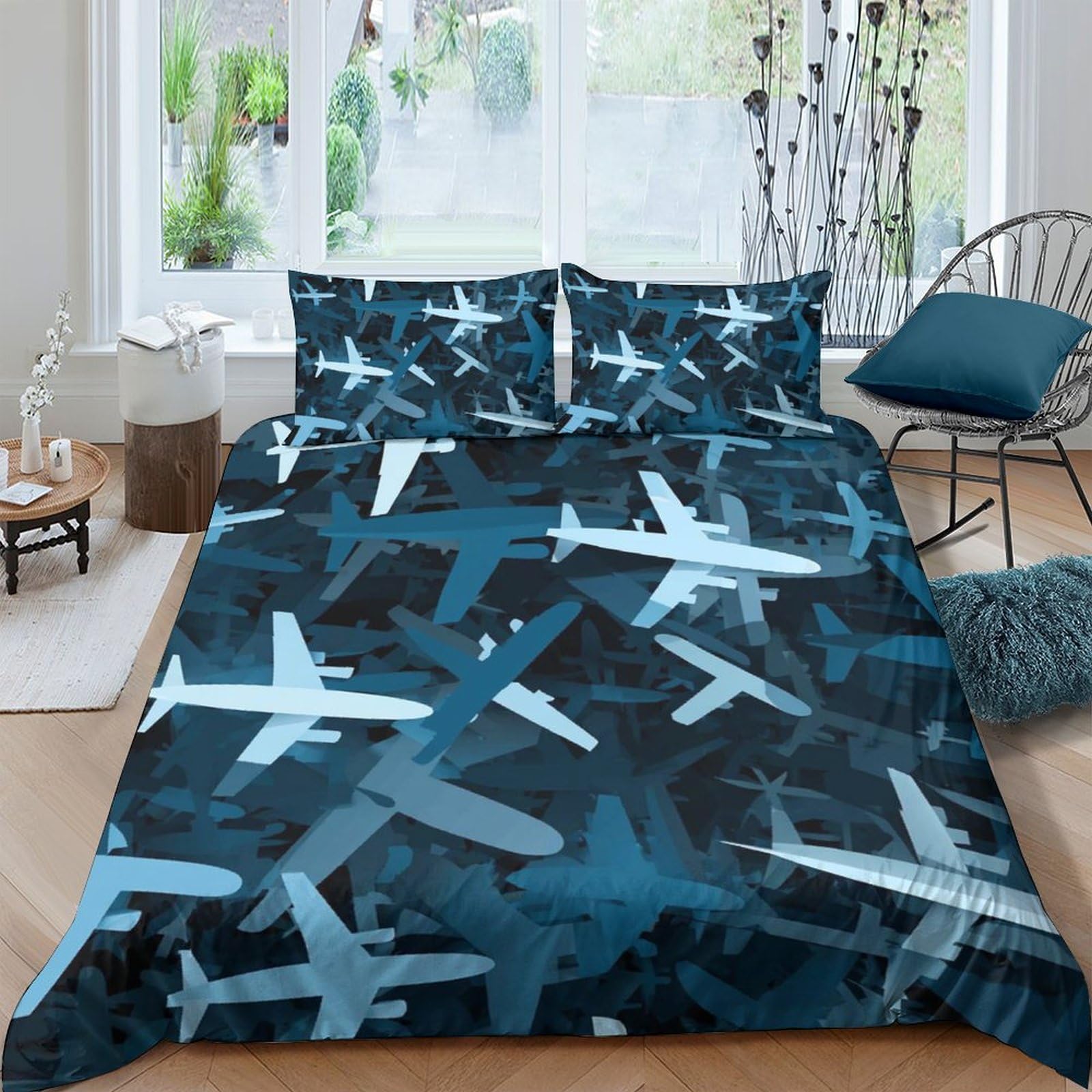Ctjqhvkz Style-10 3D Printed Airplane Pattern Fitted Sheet Microfiber Blue Bed Cover For Bedroom Guest Room Dorm Mattress Decor Single（135X200cm）