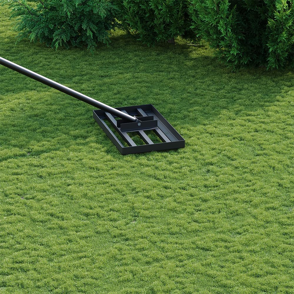 Lawn Leveling Rake 43x25.4cm, Heavy Duty Metal Leveler with 198cm Long Handle for Soil, Sand, Grass, Yard & Golf Course (Black)