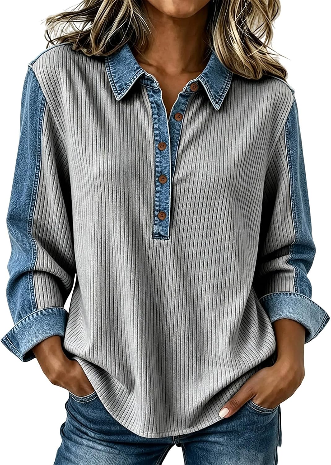 Women's Ribbed Collared Henley Long Sleeve Contrast Panel Top