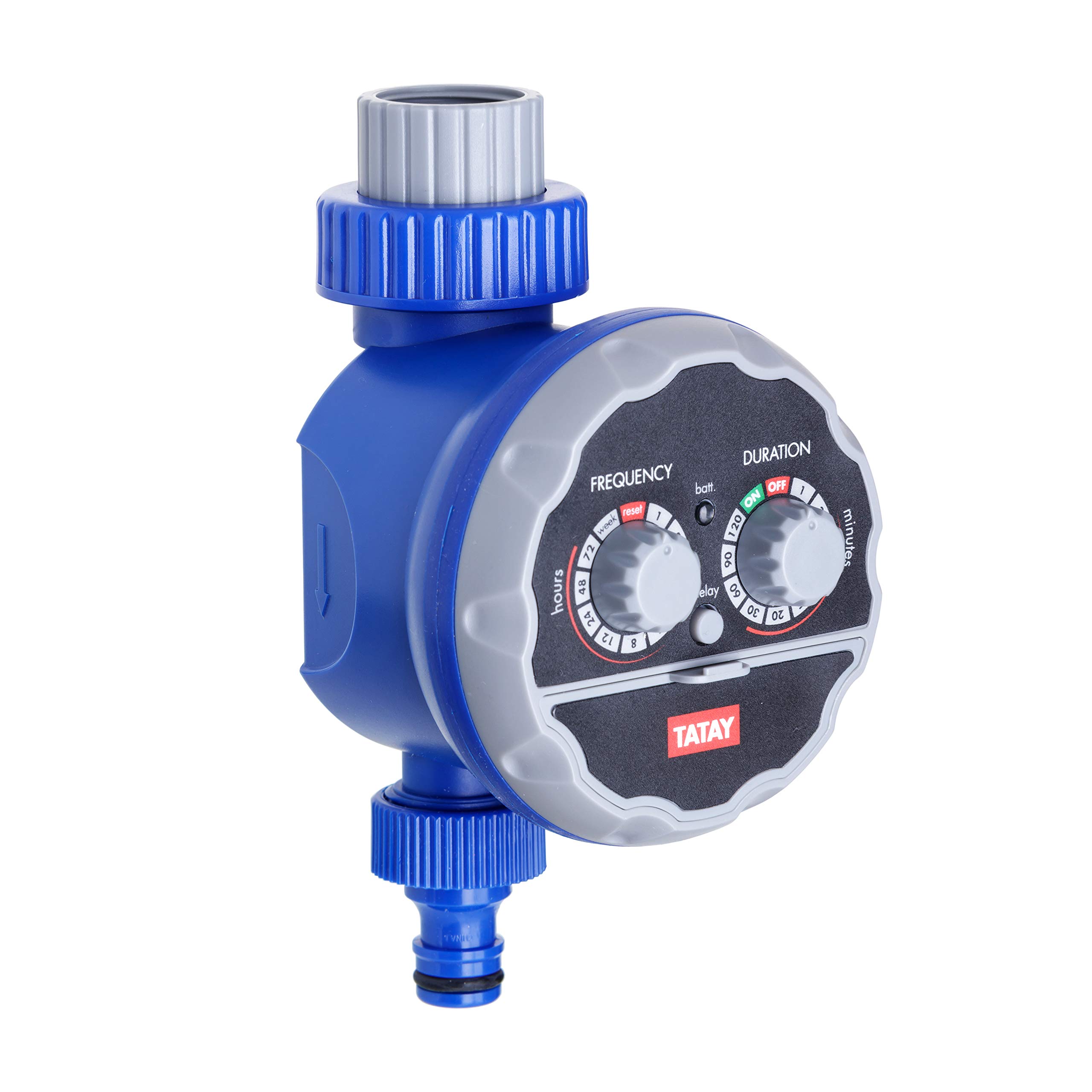 TATAY Analogue watering timer, made of resistant anti-UV plastic and with direct connection to the tap, with duration and frequency dials, from 1 hour up to one week. Works with batteries.