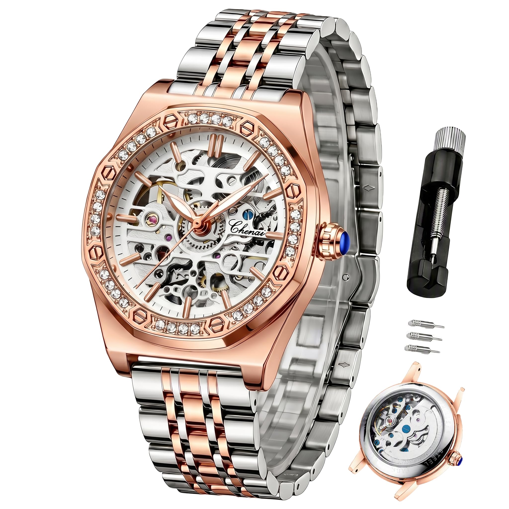 Verhux Women's Automatic Skeleton Watch Two-Tone Rose Gold & Silver Stainless Steel Waterproof Luminous Self-Winding Dress Wrist Watch for Ladies
