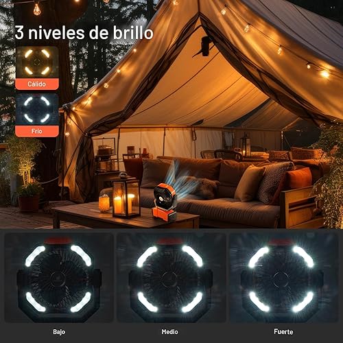 Miniatura 3 de Odoland Ventilador de campamento de 40000 mAh con luz LED, ventilador de escritorio oscilante a batería con control remoto y gancho, ventilador