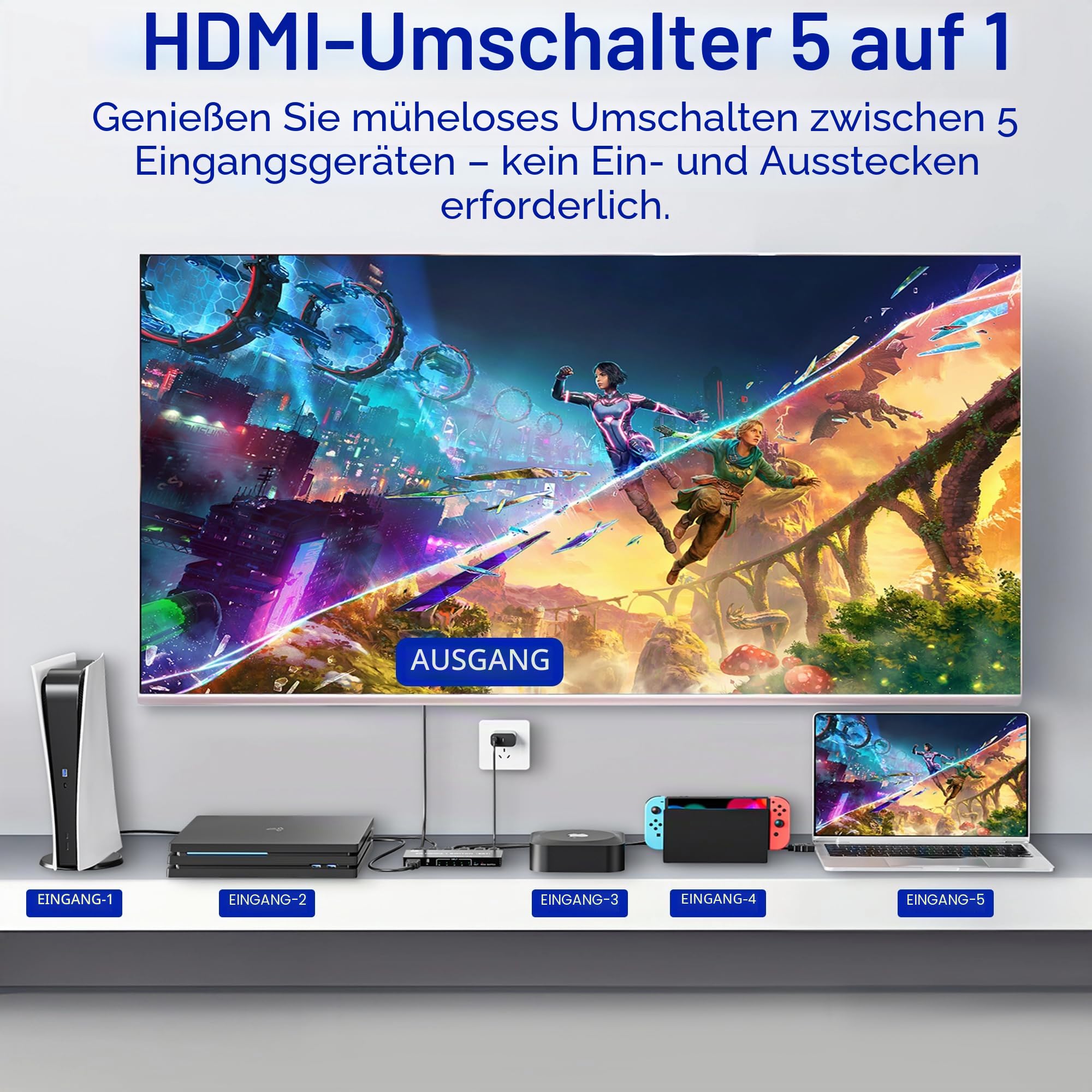 HDMI 2.1 Switch 4K 120Hz, 8K HDMI Umschalter 5 In 1 Out mit IR-Fernbedienung, Selector Switcher 5 Port Auto Selector Hub Unterstützung 8K 60Hz 48Gbps VRR HDCP2.3 HDR10 für Xbox Series X PS5