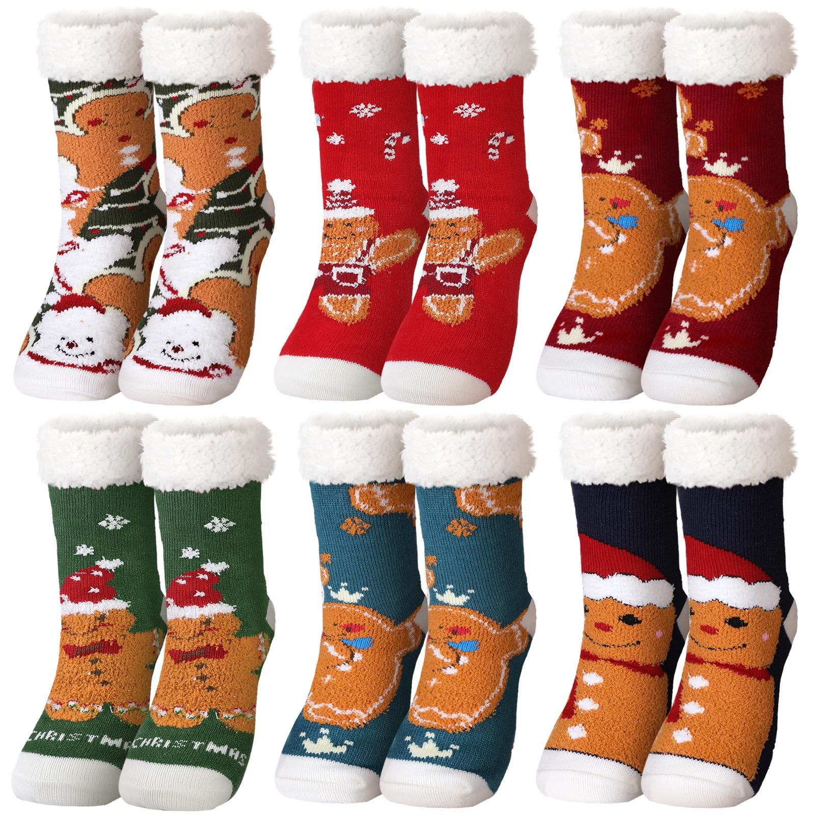Fourluoo 4 Packs Christmas Fuzzy Slipper Socks Xmas Fluffy Sherpa Thermal Socks with Grippers for Women men