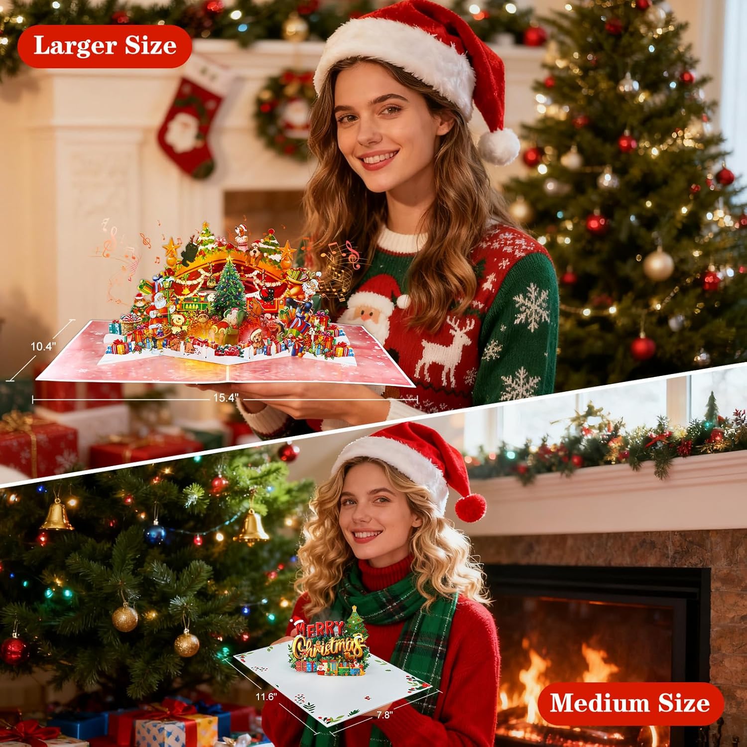 FaCraft Musical Christmas Cards, with Lights and Music, 15.4 x 10.4 inch Handmade 3D Large Pop Up Christmas Card, with Envelope Blank Insert and Seal for Winter Holidays New Year (Dogs Cats Party) - Image 6