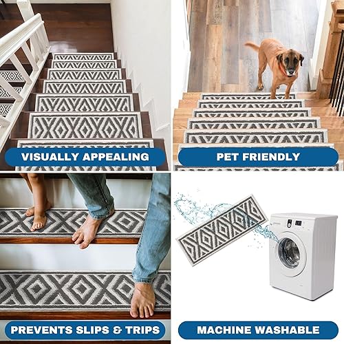 Miniatura 7 de The Sofia Rugs Peldaños de escalera juego de 14 alfombras de interior de diamante para mascotas niños y ancianos caminos de escalera grises con