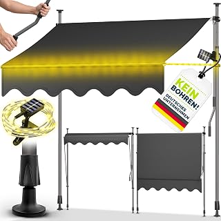 tillvex Klemmmarkise mit Handkurbel & LED Lichterkette Balkon | Balkonmarkise ohne Bohren | Markise UV-beständig & höhenverstellbar | Sonnenschutz Terrasse & Garten wasserdicht (Anthrazit, 200cm)