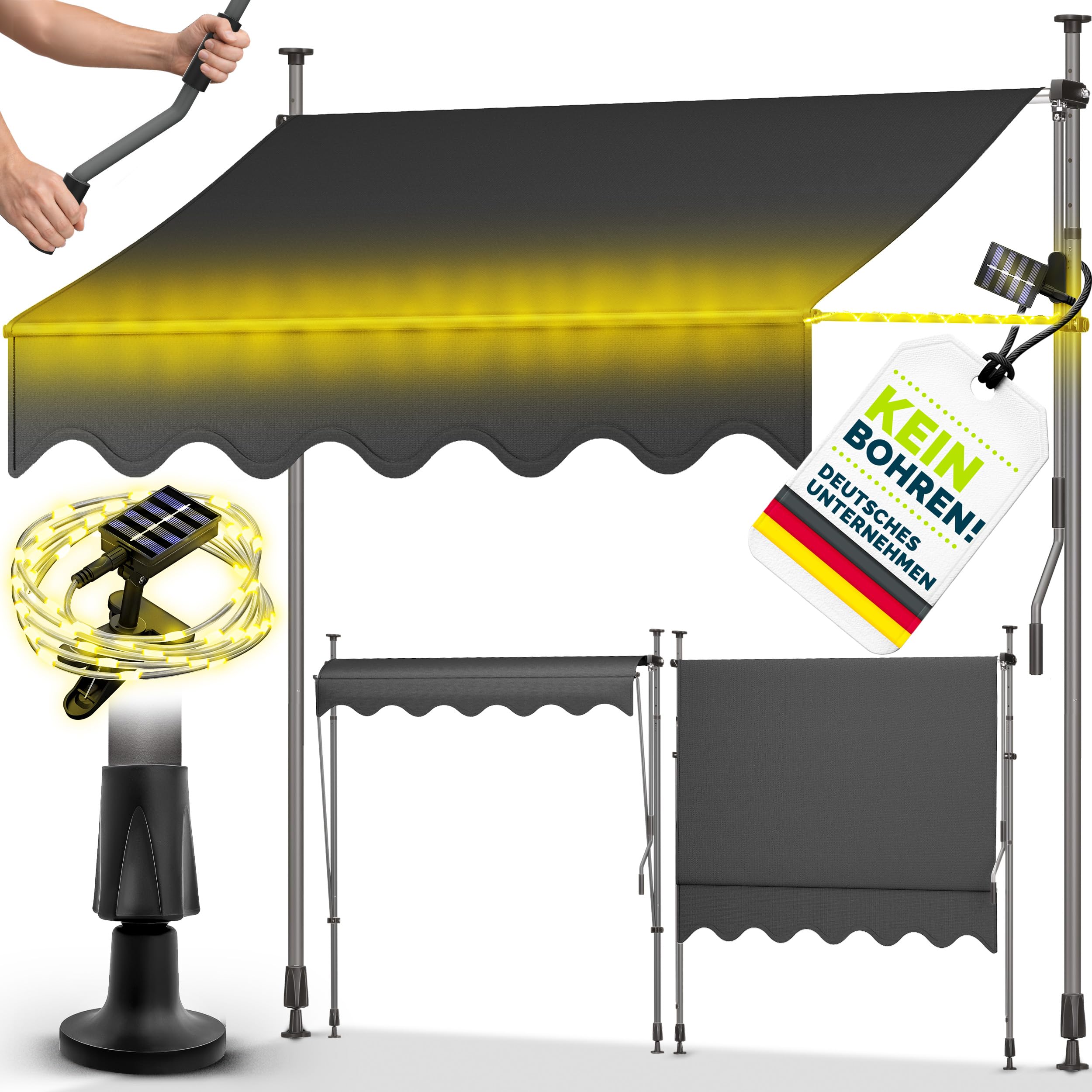 tillvex Klemmmarkise mit Handkurbel & LED Lichterkette Balkon | Balkonmarkise ohne Bohren | Markise UV-beständig & höhenverstellbar | Sonnenschutz Terrasse & Garten wasserdicht (Anthrazit, 250cm)