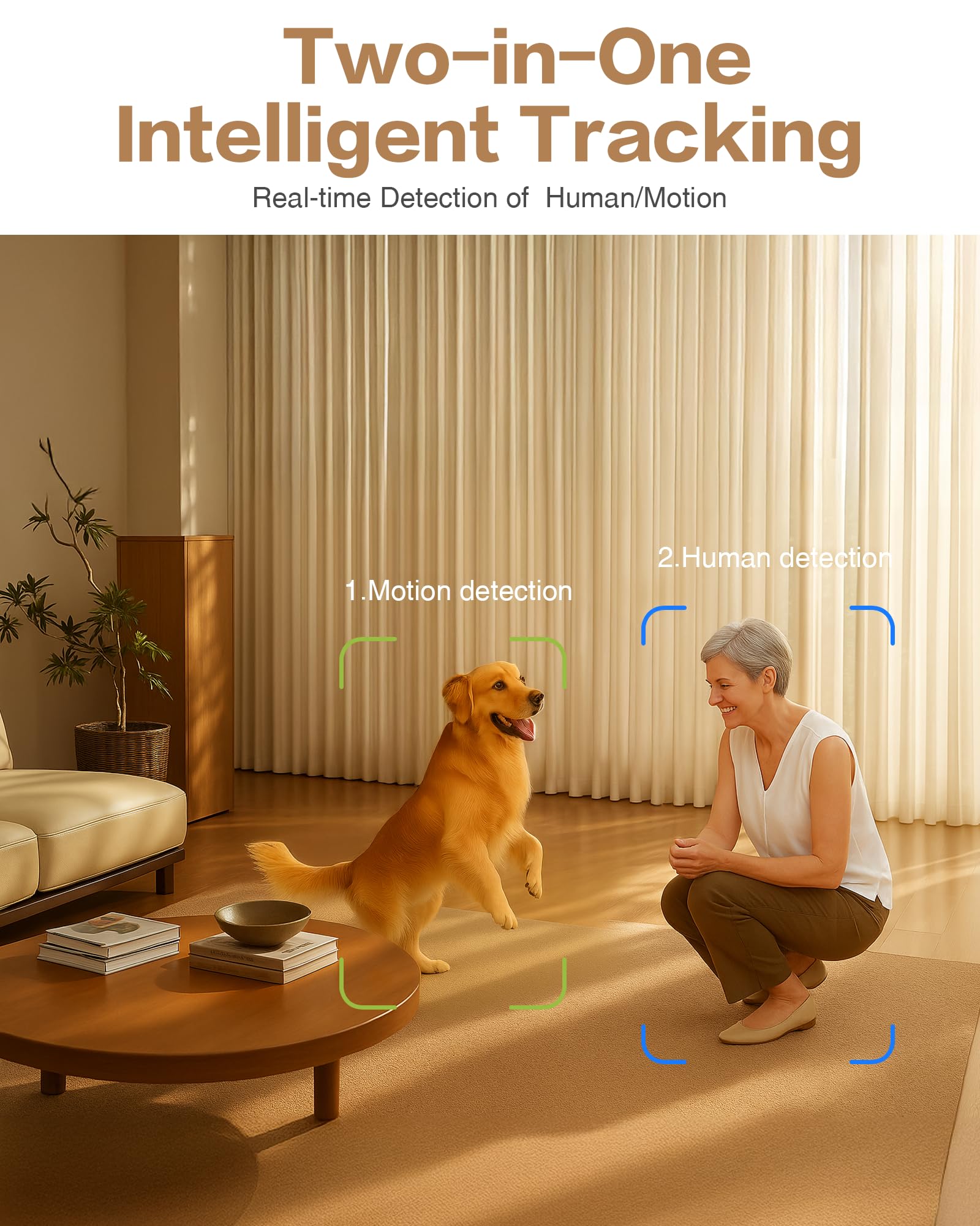 NGTeco camera detecting both human and pet motion in a living room setting.
