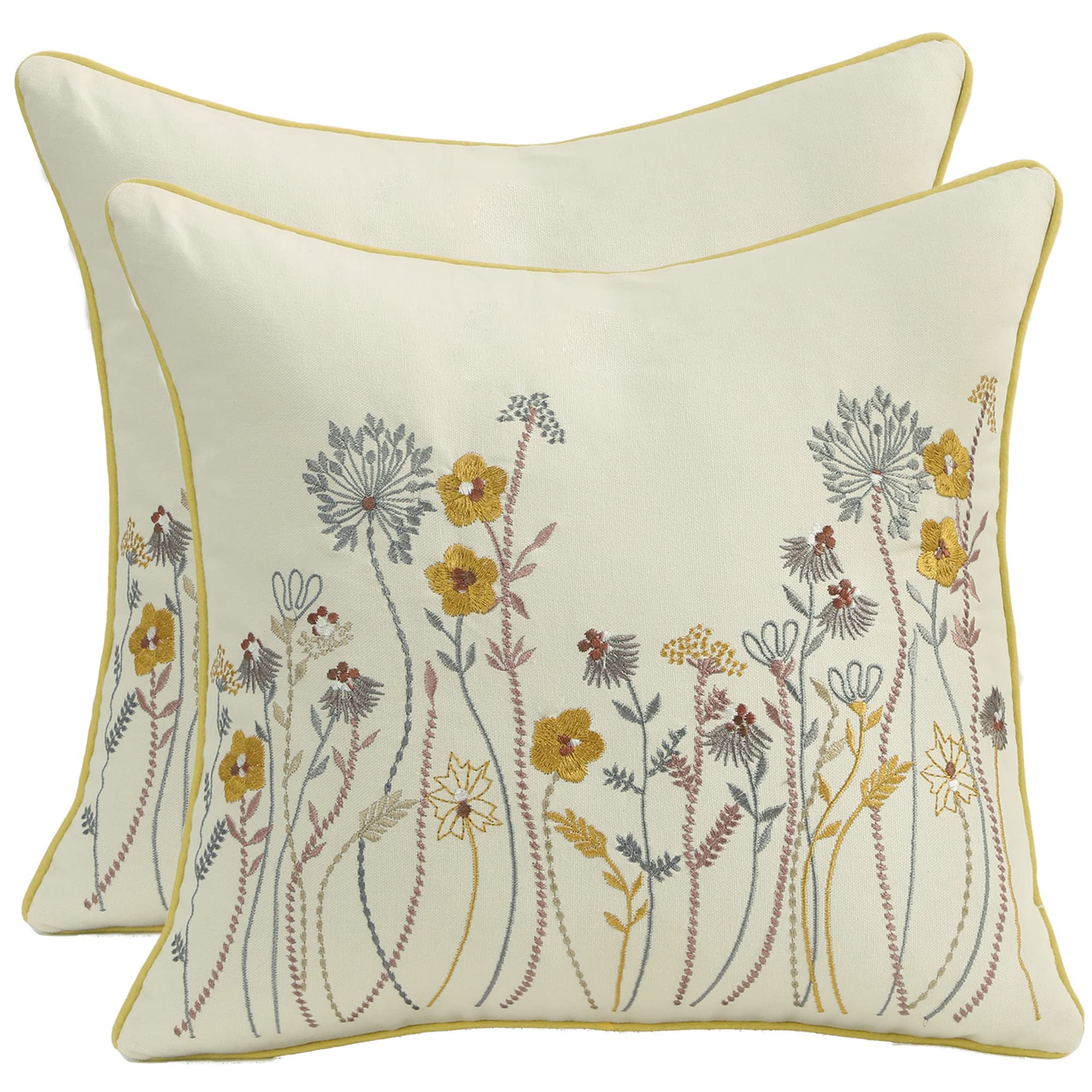Confezione Da 2 Federe Decorative Ricamate 45x45 Cm – Fiori Blu E Bianchi – In Puro Cotone – Con Cerniera Nascosta – Per Cuscini Da Divano E Letto