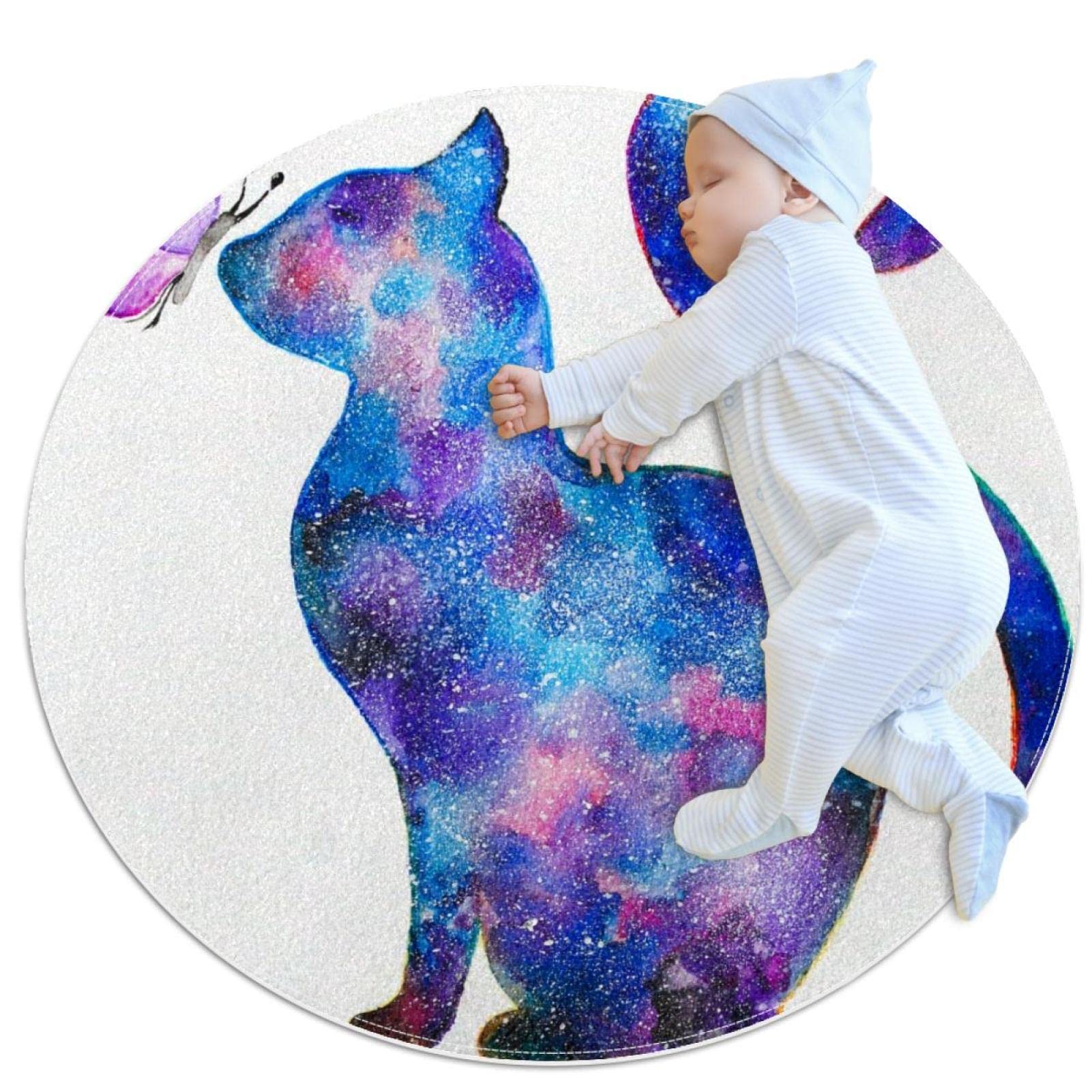 Tapis de salle de bain antidérapant rond 1m avec motif chat et papillon