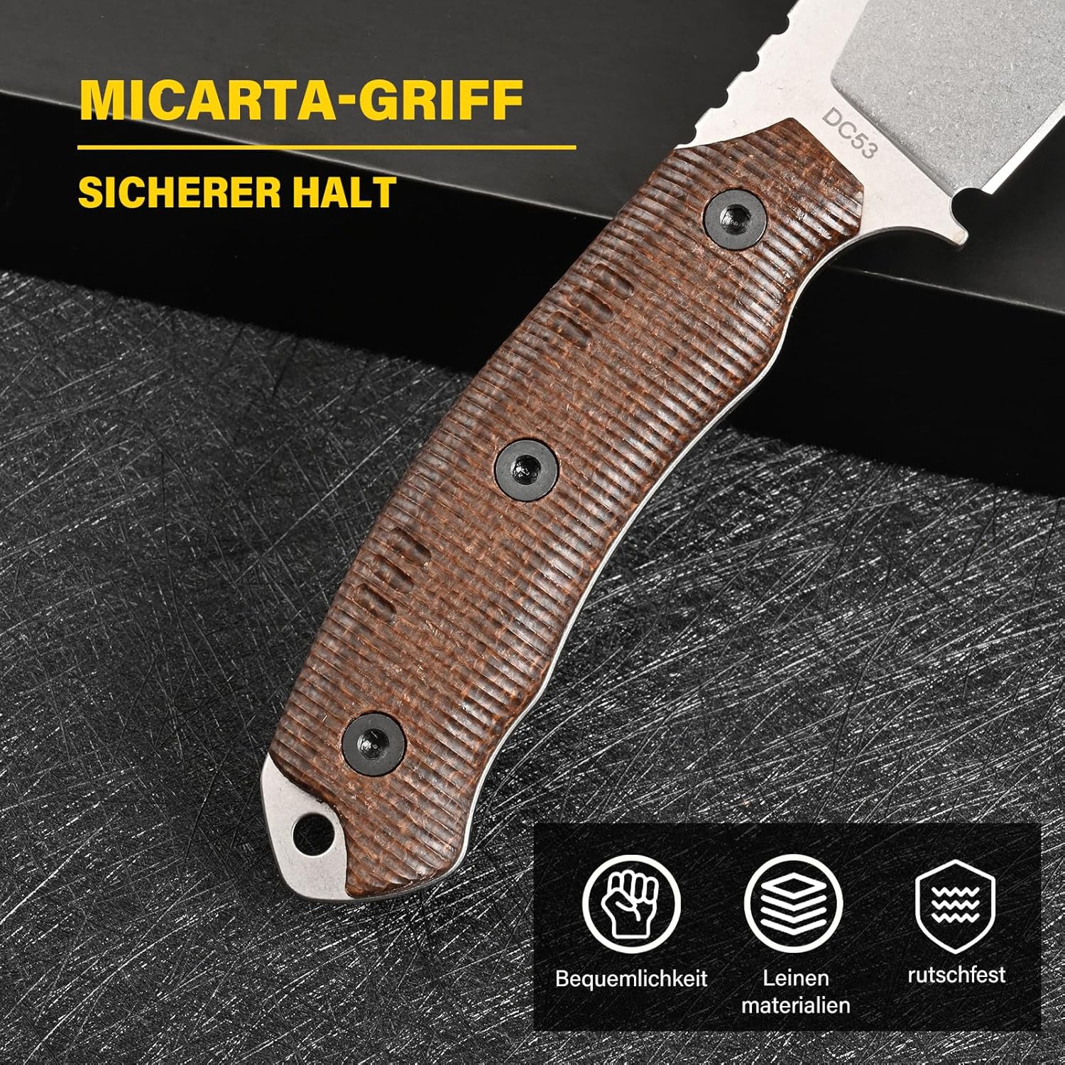 Tactical Fixed Blade Knife DC53 Steel Micarta Handle Kydex Sheath Knives for EDC Outdoor Camping Survival Hunting (White Stone Wash)