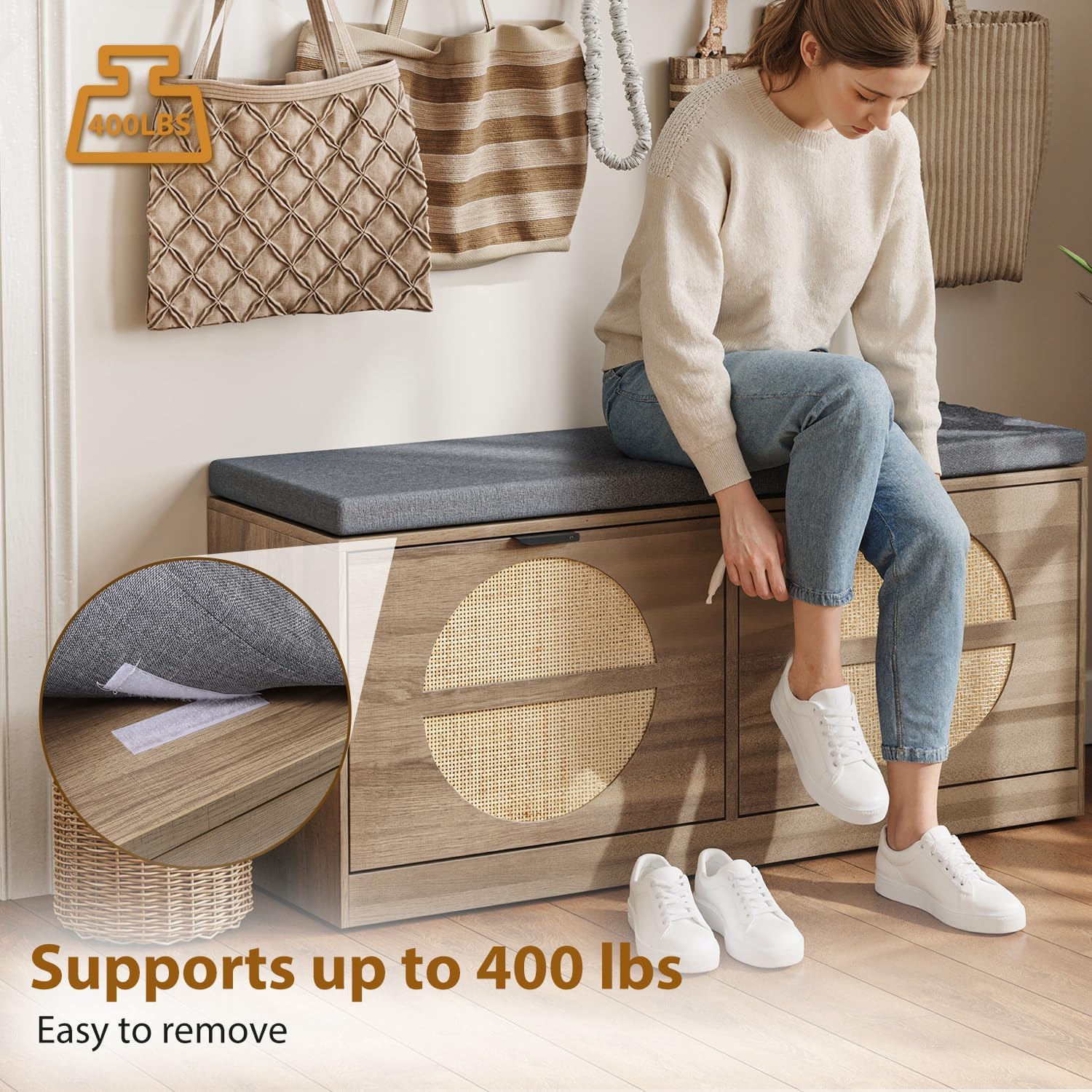 Rattan Storage Bench with Cushion & Coat Rack, Shoe Rack with 2 Flip Drawers, Narrow Shoe Storage Cabinet, Shoe Bench for Entryway, Living Room, Rustic Oak, Round