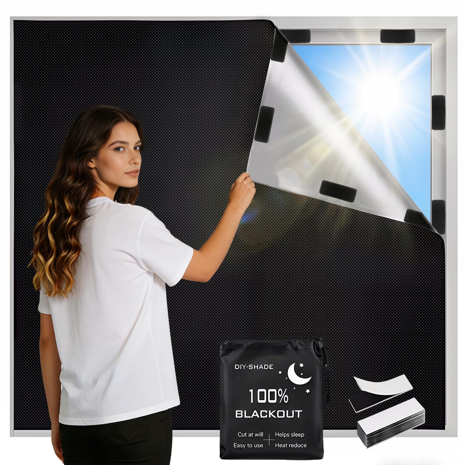 Blackout Blind, 100 x 145 CM Temporary Blackout Blinds Stick on, No Drill Blinds for Windows Portable Black Out Blinds Fits Any Size Shape, for Bedroom Nursery Baby Sleep Home Office