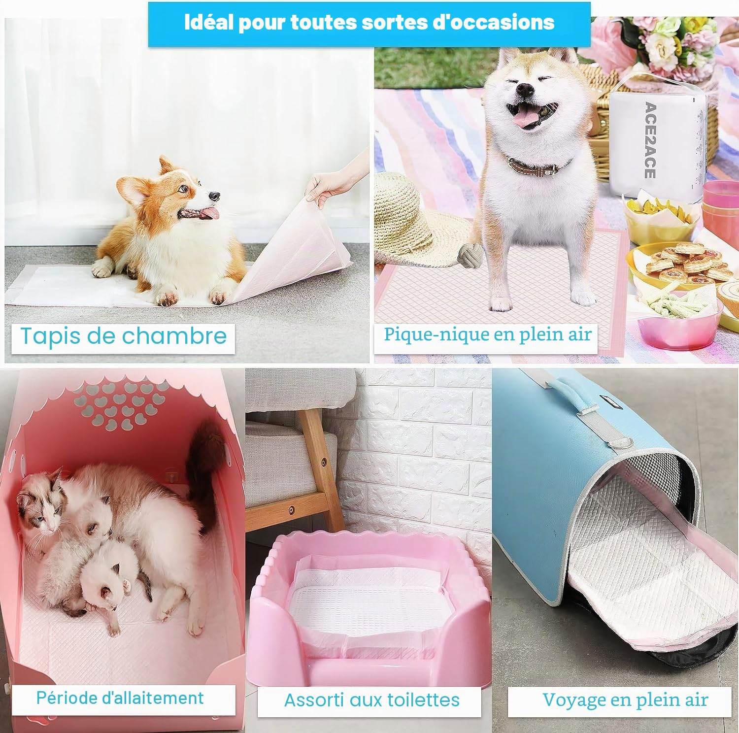 ACE2ACE Tapis éducateurs pour Chien Chiot Épaissir, Lot de 40 Tapis Absorant Couche inférieure imperméable 60 x 60 cm,Anti-Fuite Super absorbants