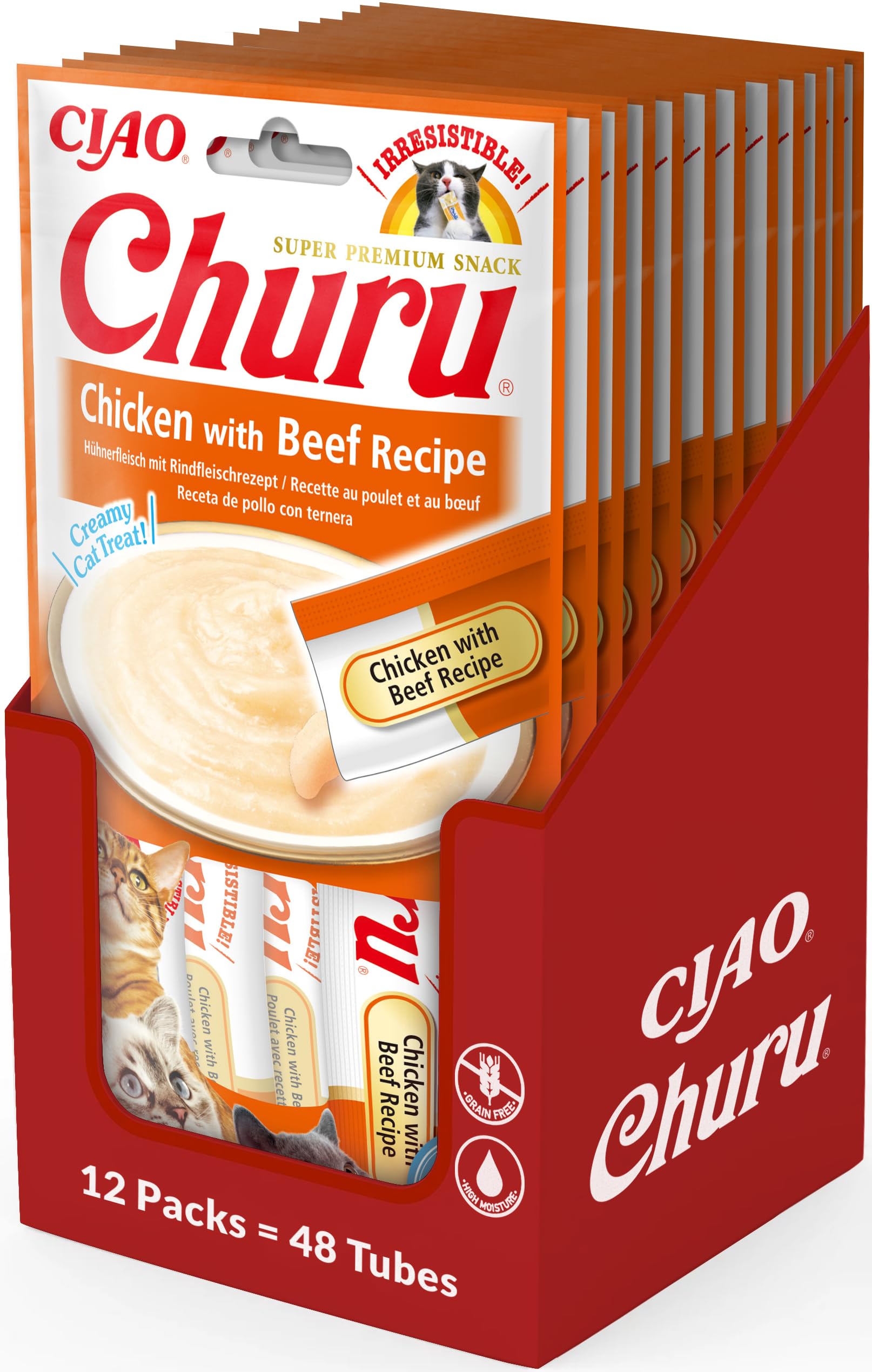 INABA Churu Puré de Gatos - Pasta para gatos para Alimentar a Mano - Palos para gatos con Perro y Carne de Res - 12 Paquetes / 48 palitos