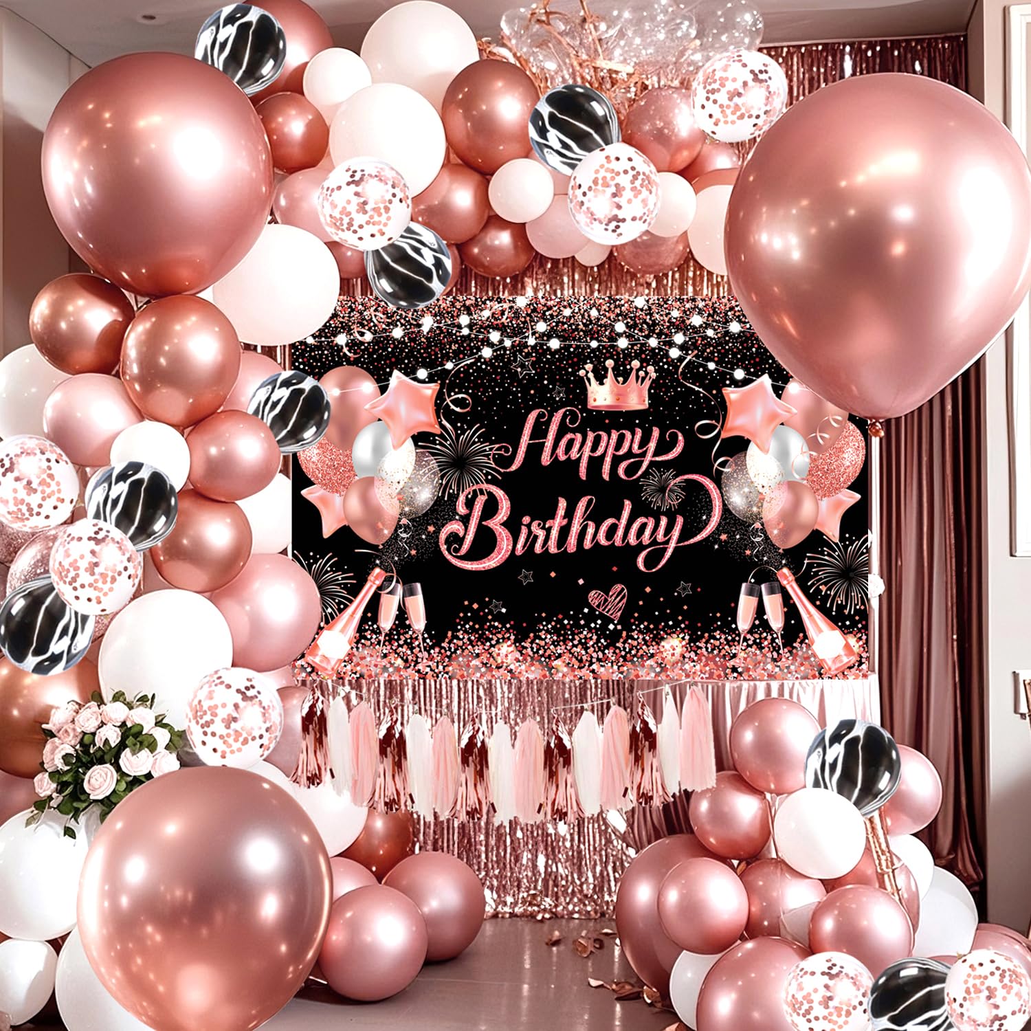 YinQin 80 Stück Schwarz Gold Glückwunsch Geburtstagsfeier Ballons mit Foto Hintergründe Banner Tuch Glitzer Schwarz Golden Ballon Deko Glückwunsch Geburtstagsfeier Zubehör für Männer Frauen