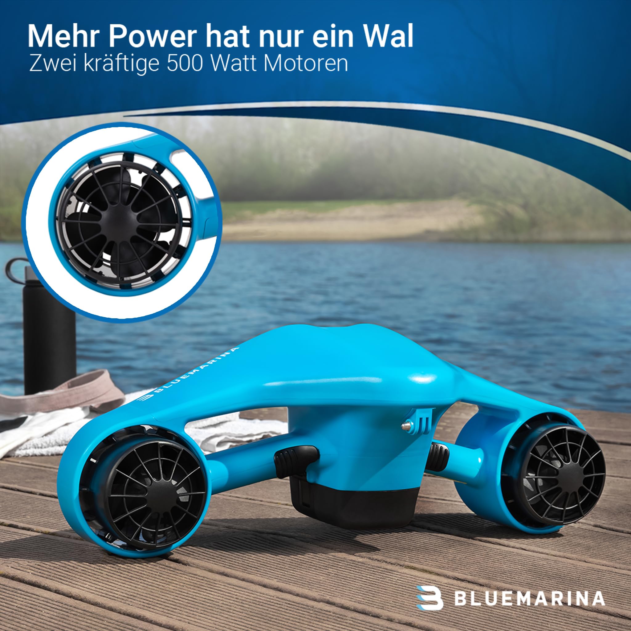 Bluemarina Tauchscooter Orca | Seascooter - 2 x 500 Watt Motoren - 3 Geschwindigkeiten - Topspeed 5.4 km/h - Bis 30 Meter Tauchtiefe - Sinkschutz - Unterwasserscooter - Tauchen - Underwater Scooter