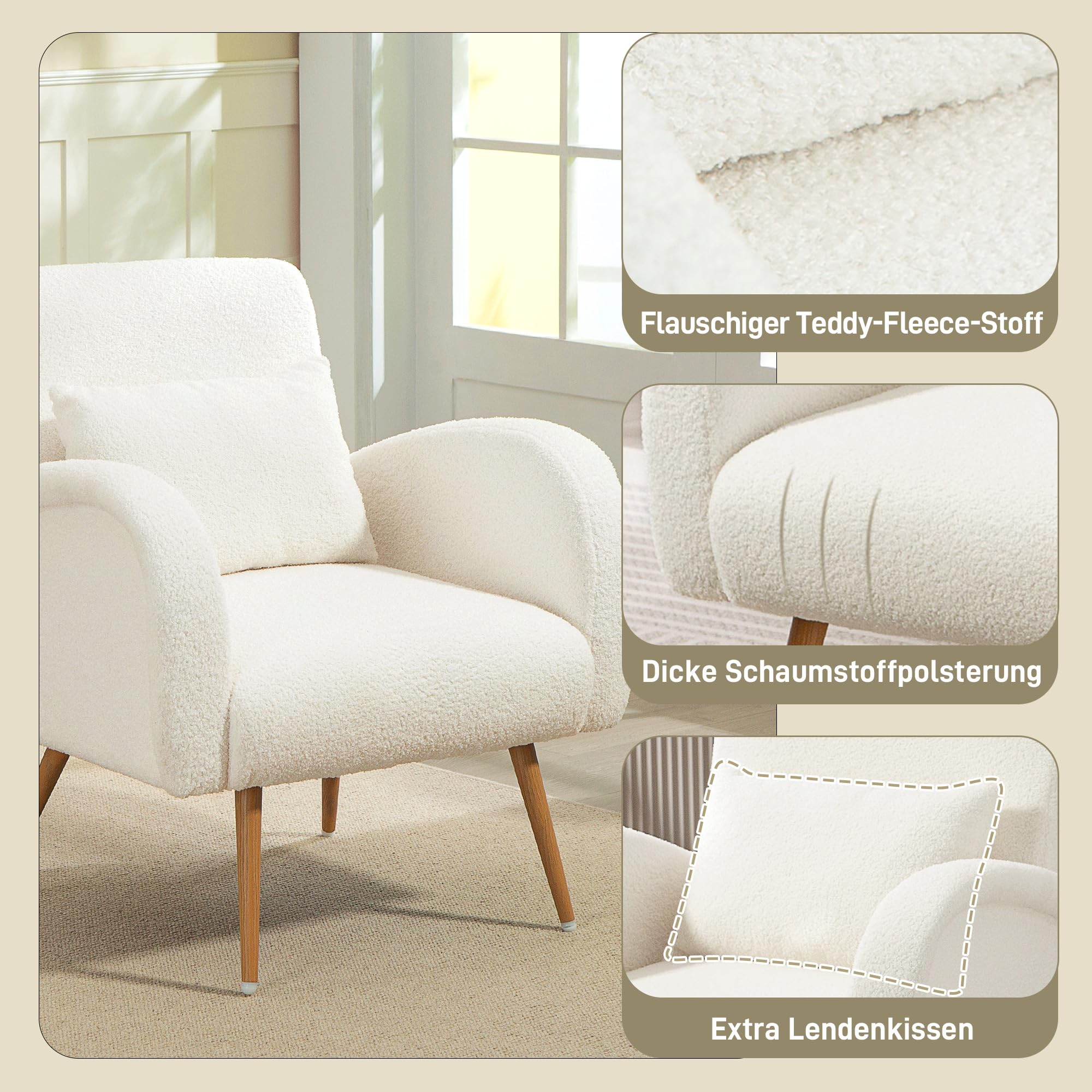 HOMCOM Sessel gepolsterter Loungesessel mit Armlehnen, Lendenkissen, Lesesessel Relaxsessel mit Metallbeine, Teddyfleece-Optik, Polstersessel für Schlafzimmer Wohnzimmer Cremeweiß