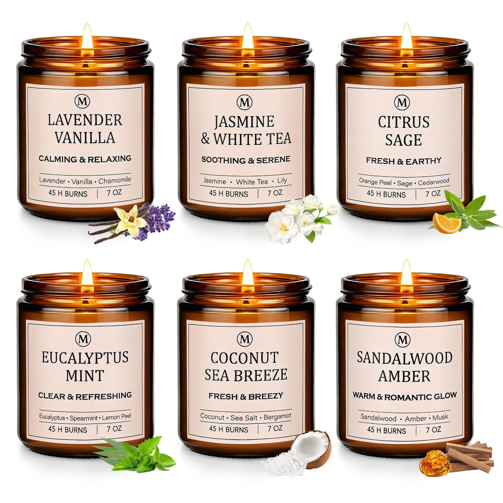 6-Pack Scented Soy Candle Set – Lavender Vanilla, Eucalyptus, Sandalwood, Jasmine & White Tea, Coconut, Sage | Natural Soy Wax Spring Summer Aromatherapy Candles for Home, Vacation, Relaxation & Spa