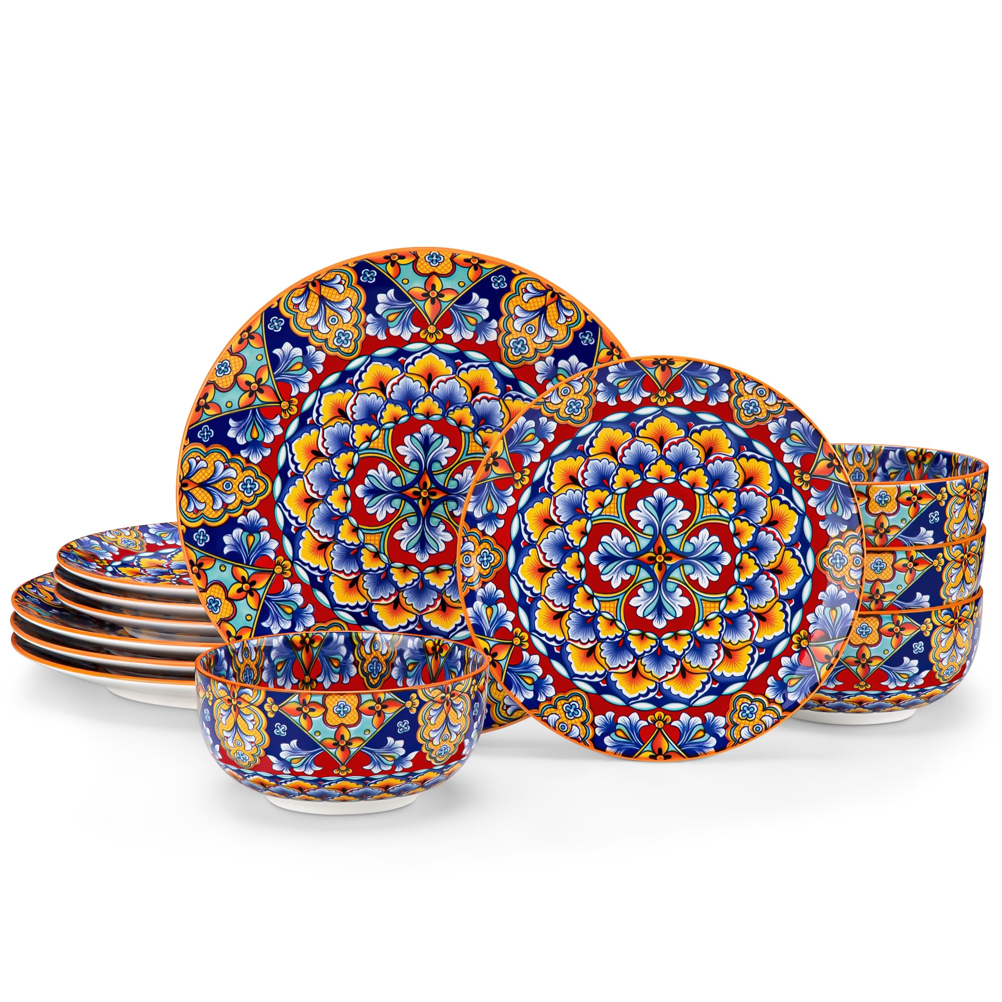 vancasso 12 Pieces Dinnerware Sets, Orange Plates and Bowls Set, Porcelain Dishes Set for 4, Microwave and Dishwasher Safe, Scratch Resistant, Bohemian Style Dining Ware Service for 4, Series SIMI