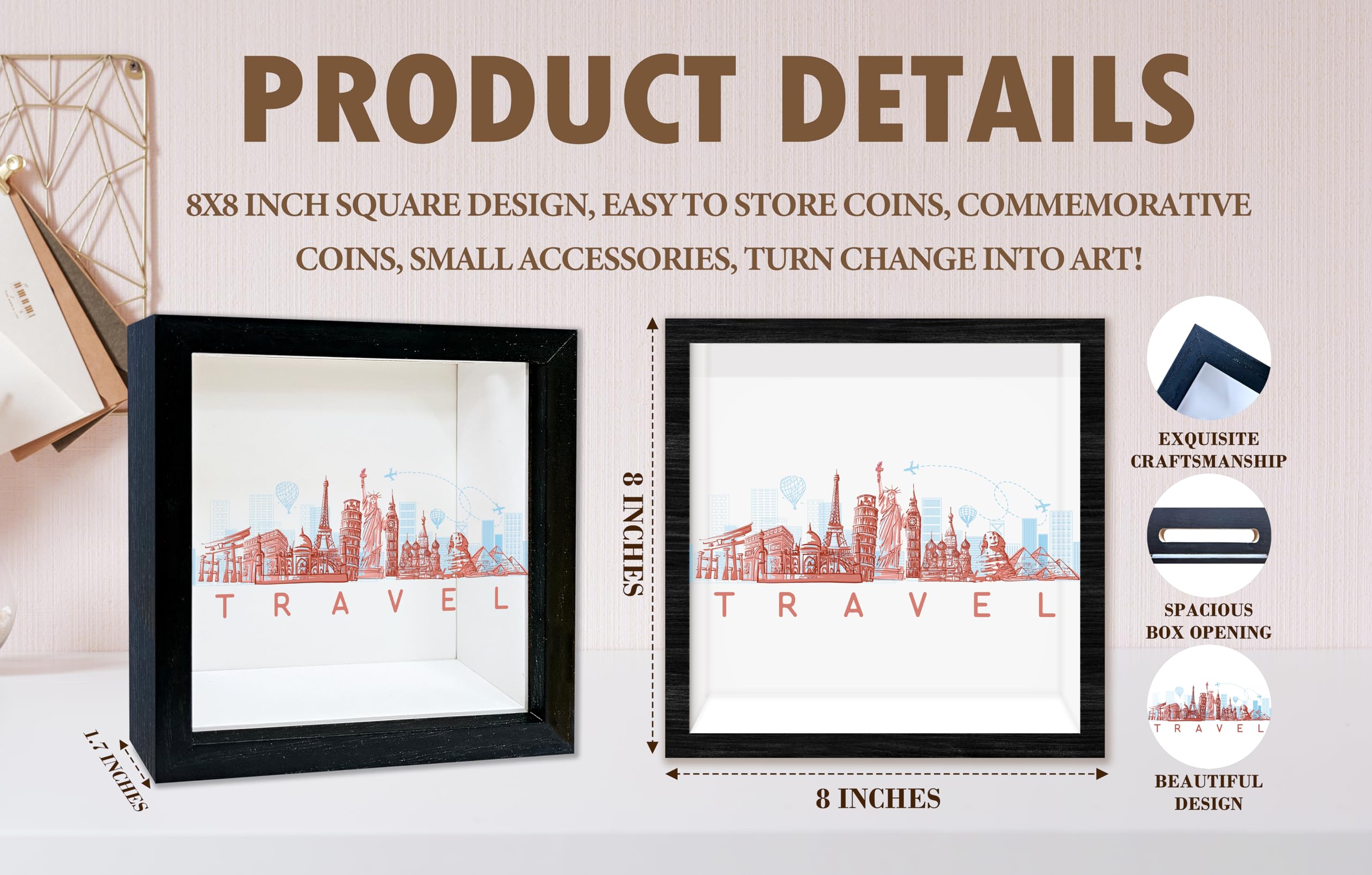 Black Travel Shadow Box Frame with Slot, Travel Theme Boxes Frames for Fund, 8x8 Memory Box for Keepsakes, Travel Gifts and Decorations, 25