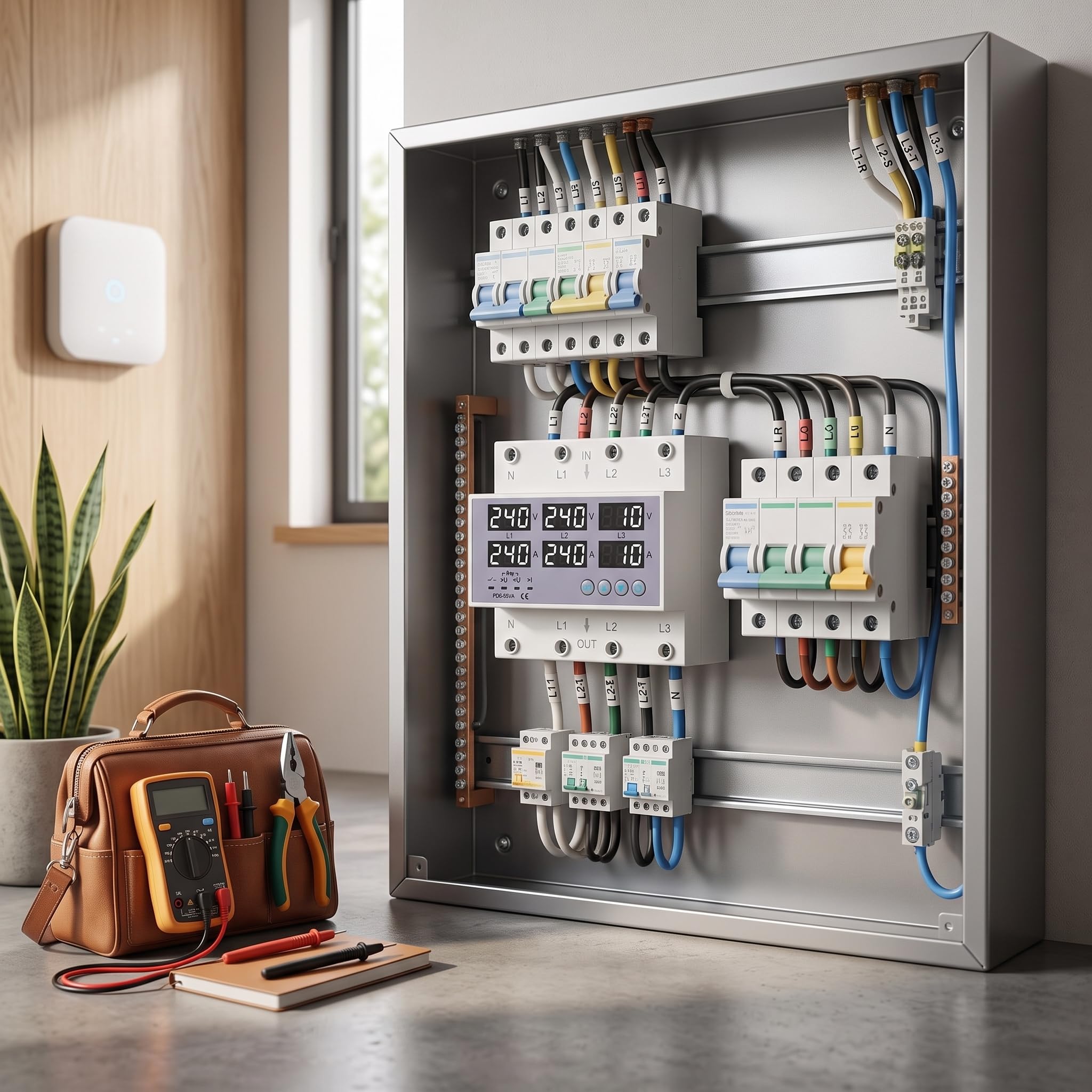 Voltmetro e Amperometro Trifase su Guida DIN con Protezione Sovracorrente e Sovratensione, 390-500 V CA 63A