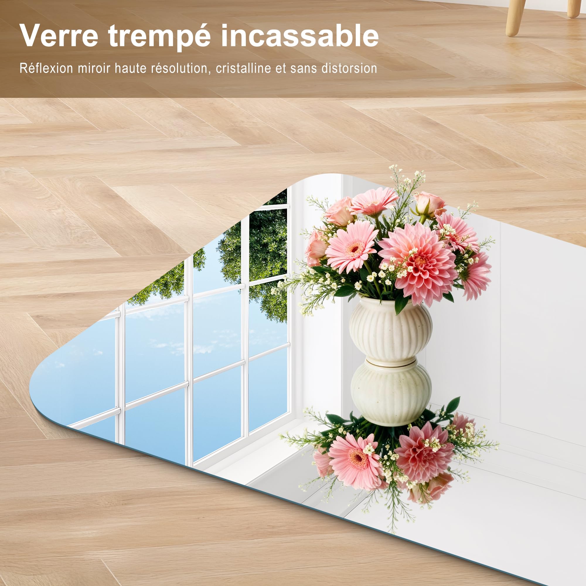 KOCUUY Miroir de Salle de Bain rectangulaire sans Cadre, Miroir Mural de 60x90 cm, Miroir en Verre incassable, réflexion HD, Coins arrondis, adapté à la Salle de Bain, la Chambre à Coucher