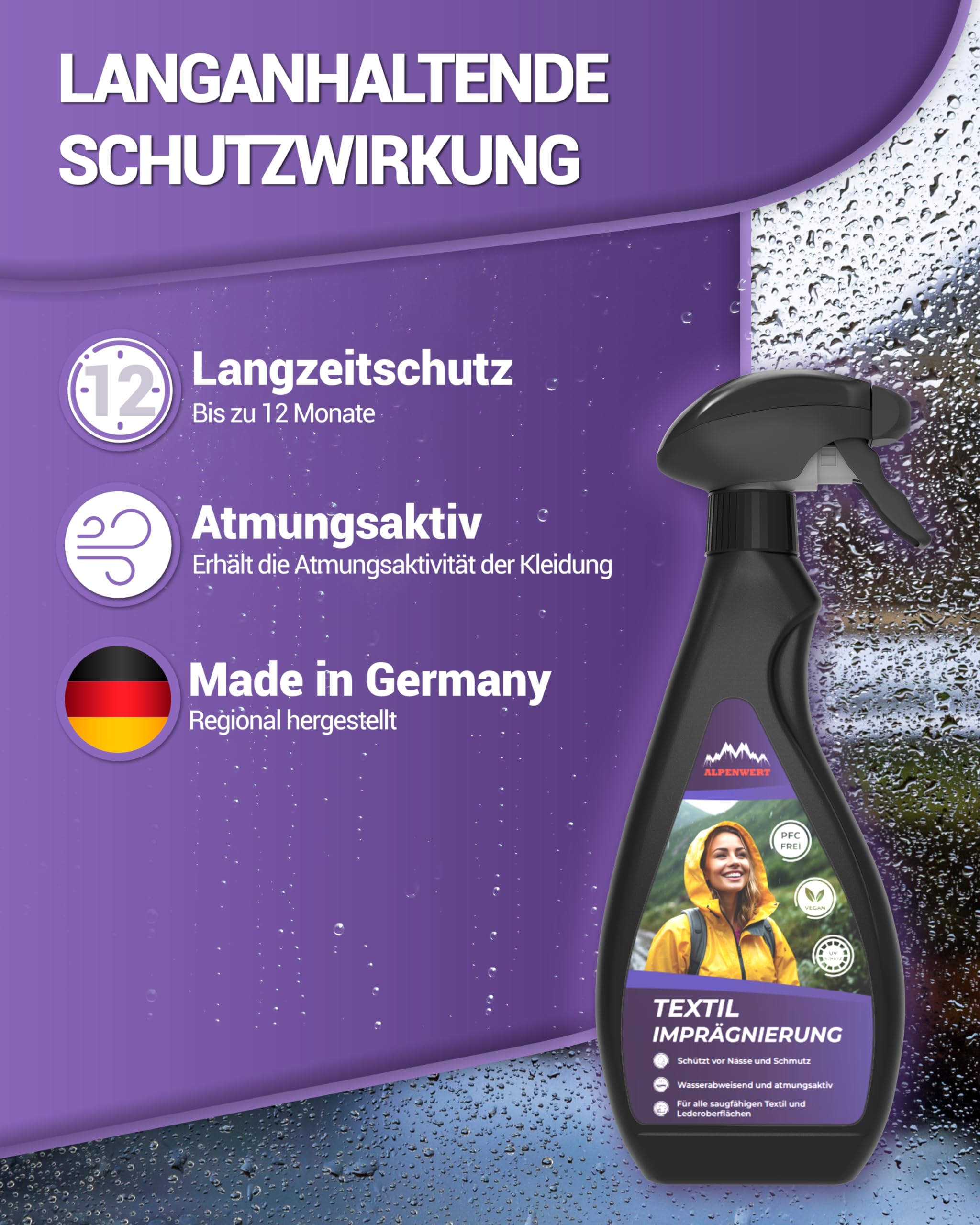 Alpenwert Tekstylny spray impregnujący 500 ml [długotrwała ochrona przed ścieraniem] Made in Germany do tekstyliów outdoorowych, butów, odzieży narciarskiej, namiotów itp. do użytku na zewnątrz