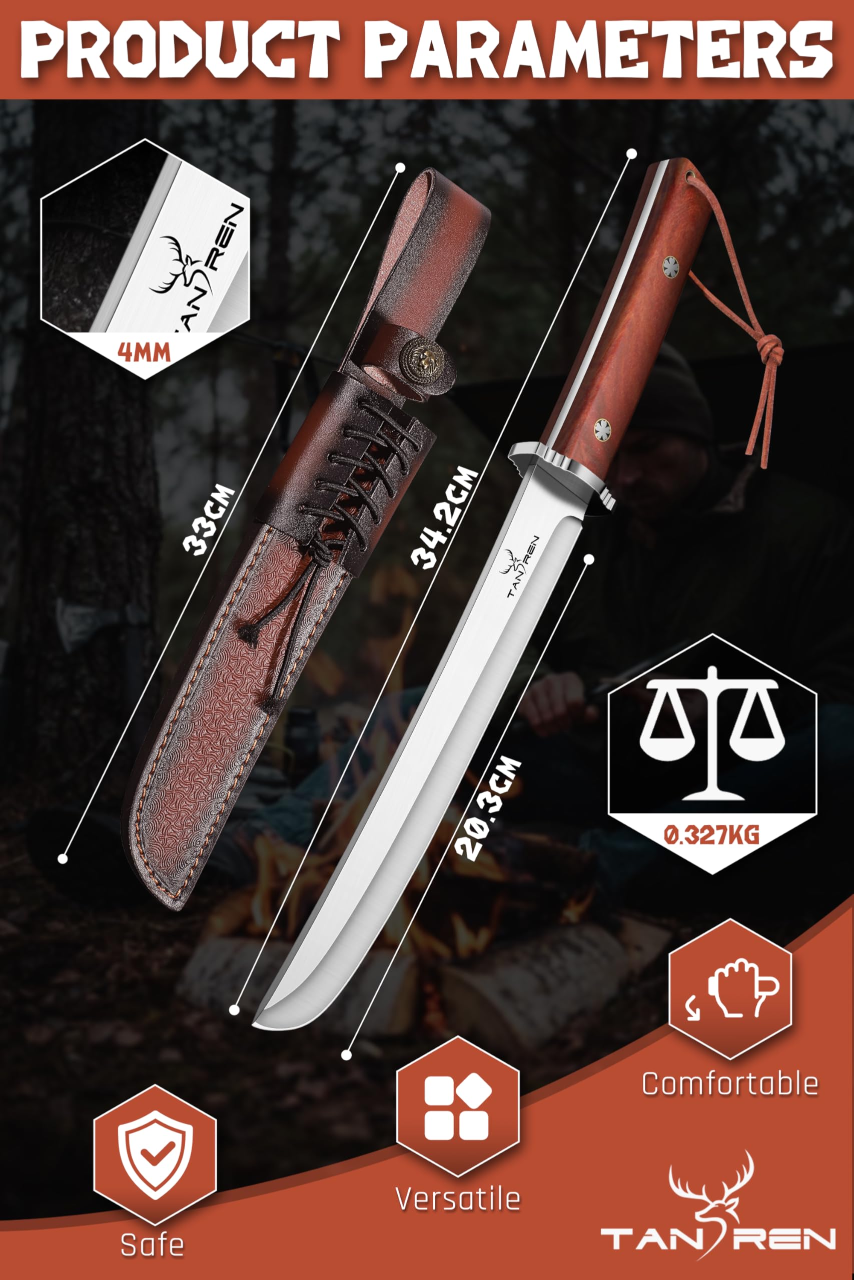 TAN REN Coltello outdoor 20,3 cm, coltello sopravvivenza con fodero in pelle, coltello da caccia affilato a lama fissa, coltello da campeggio D2, coltello bushcraft per campeggio