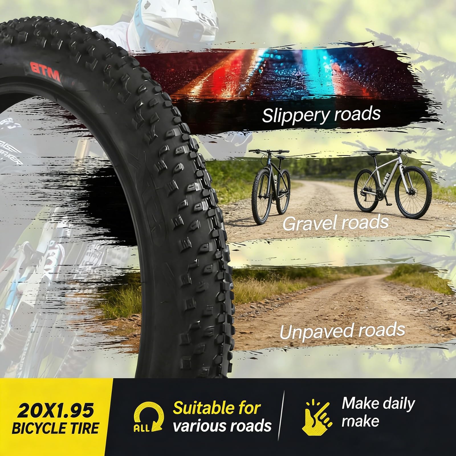 2PCS 20x1.95 Opona Rowerowa Odporna na Przebicia z Grubą Ścianką i Antypoślizgowym Wzorem dla Miasta, Góry i Terenu Ogólnego, Trwała Guma, Wysoka Przyczepność, Łatwa Instalacja