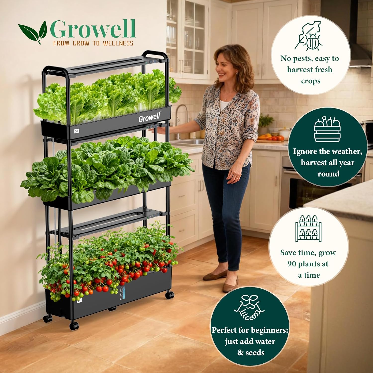 Growell 90-Pod Hydroponics Growing System, Large Vertical Hydroponic Garden with Smart Full-Spectrum Grow Lights, Auto Circulating Water, Mobile Indoor Gardening System for Herbs, Vegetables & Fruits