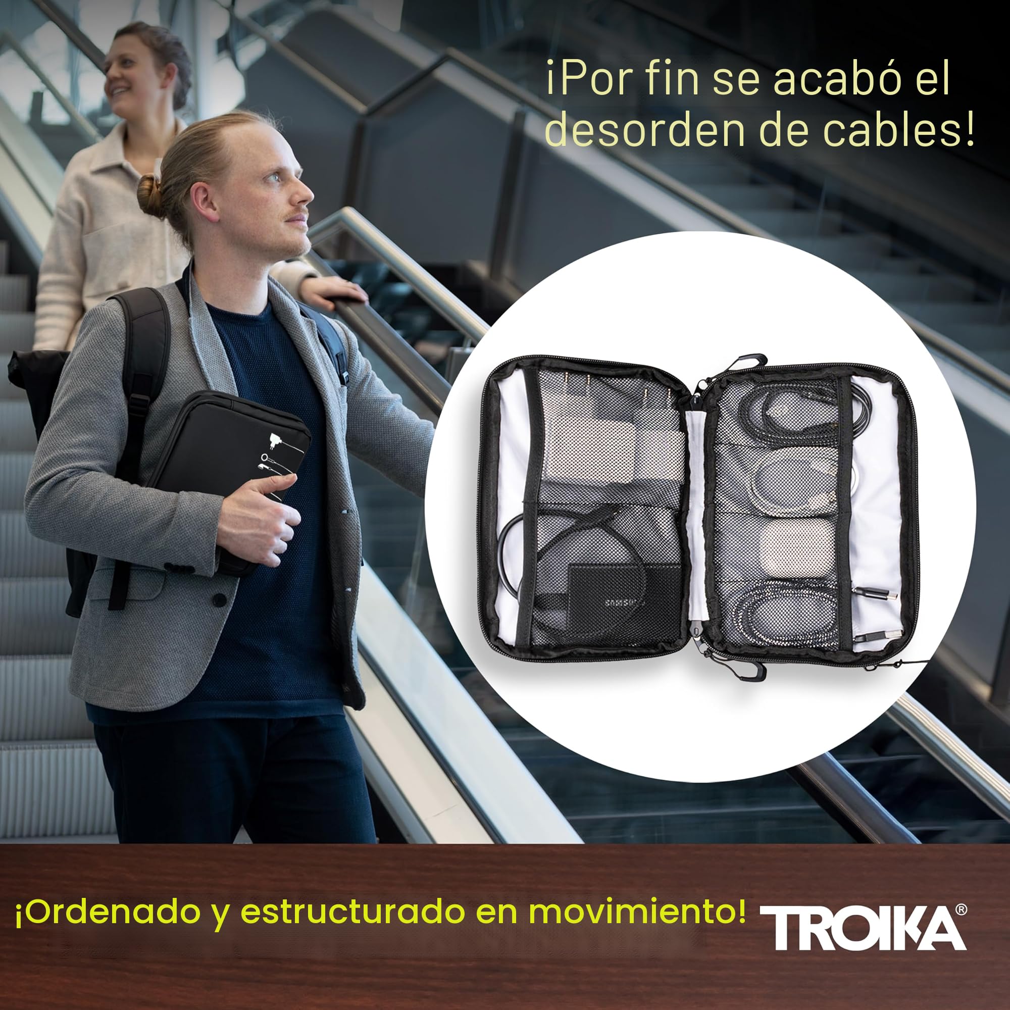 TROIKA Black Tech Pouch 2 - BBL64/BK - Bolsa organizadora de Cables para Accesorios electrónicos – 3 Compartimentos con Cremalleras hidrófugas, Tarpaulin (Iona) – Negro