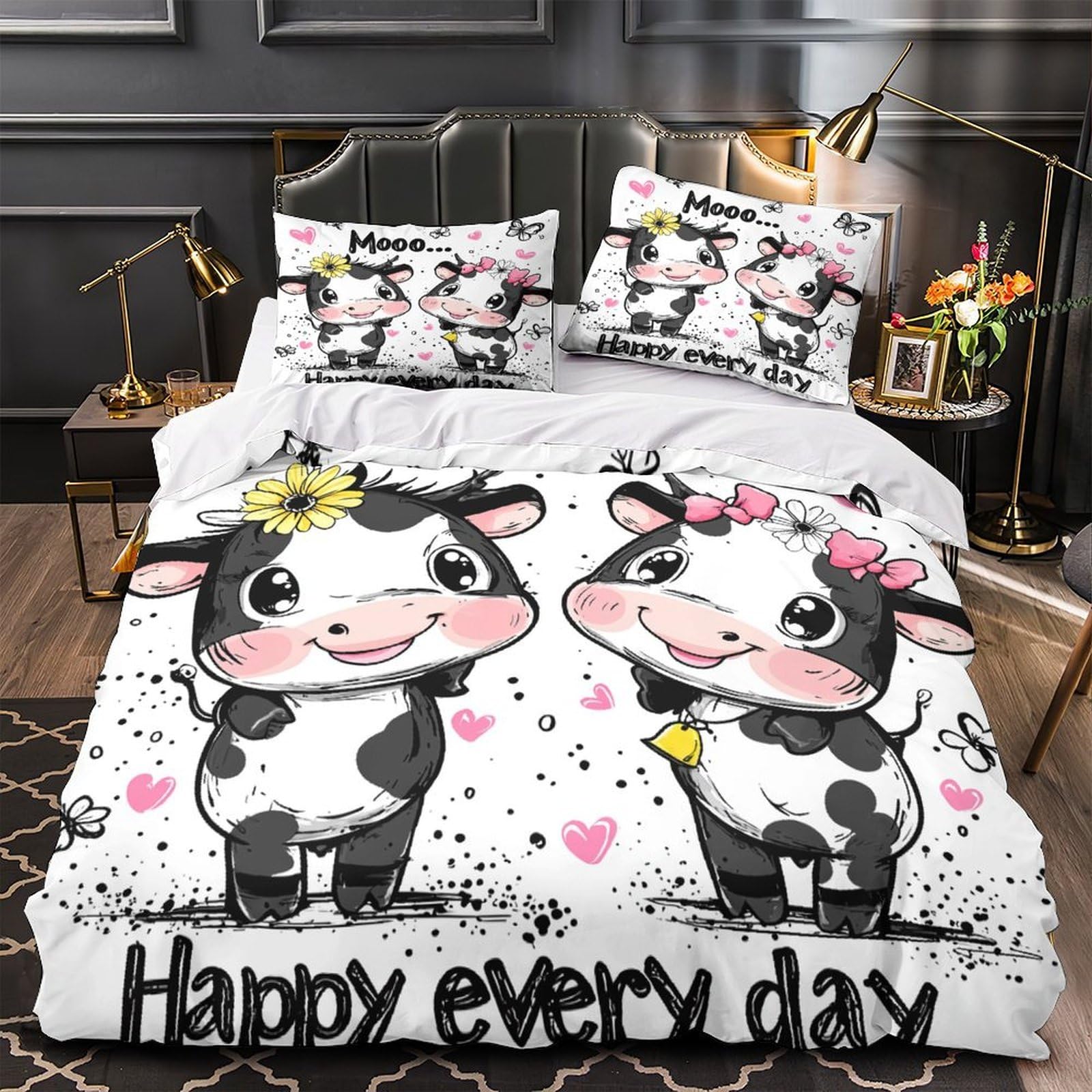 Housse de couette hypoallergénique vache mignonne parure de lit anti-acarien 3D