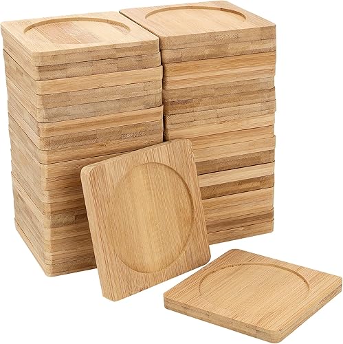 PINGEUI Paquete de 60 posavasos cuadrados de bambú de 3.7 x 3.7 pulgadas, posavasos de madera natural, decoración cuadrada para suculentas, bandeja