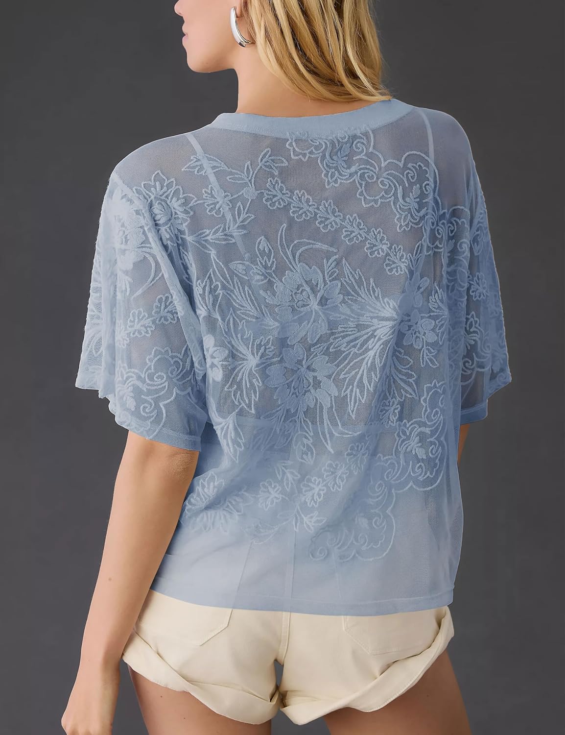 OPCAKM Lace Tops for Women Sexy Short Sleeve Mesh Tops Embroidered Sheer Lace T-Shirts See Through Blouse - Image 4