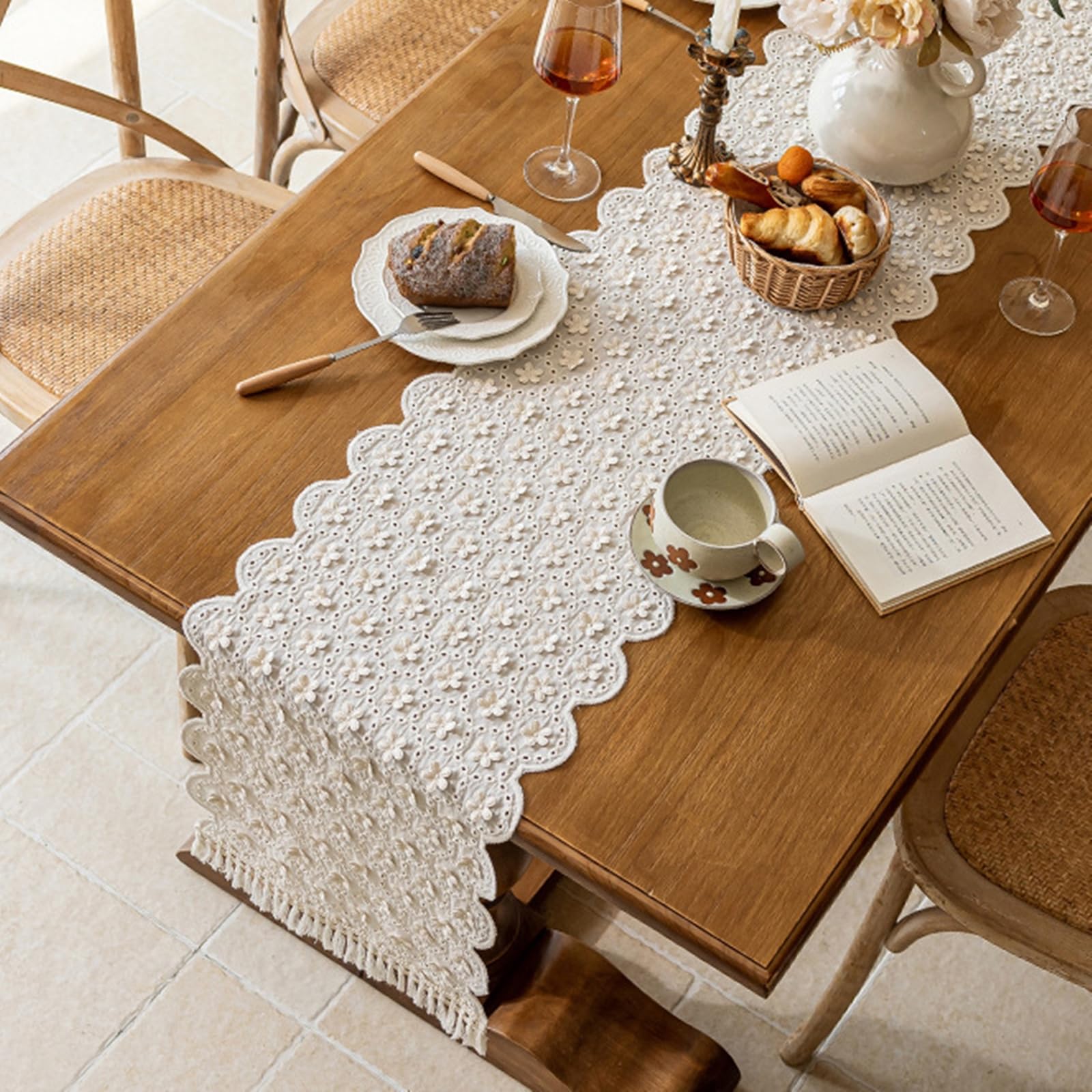Runner da Tavolo Cotone 33x160 cm, Runner da Tavola Moderno Lavabile Motivo Fiori 3D A Cerchi Vuoti con Nappe Decorazioni Matrimonio Tavoli per Cucina, Beige Bianco