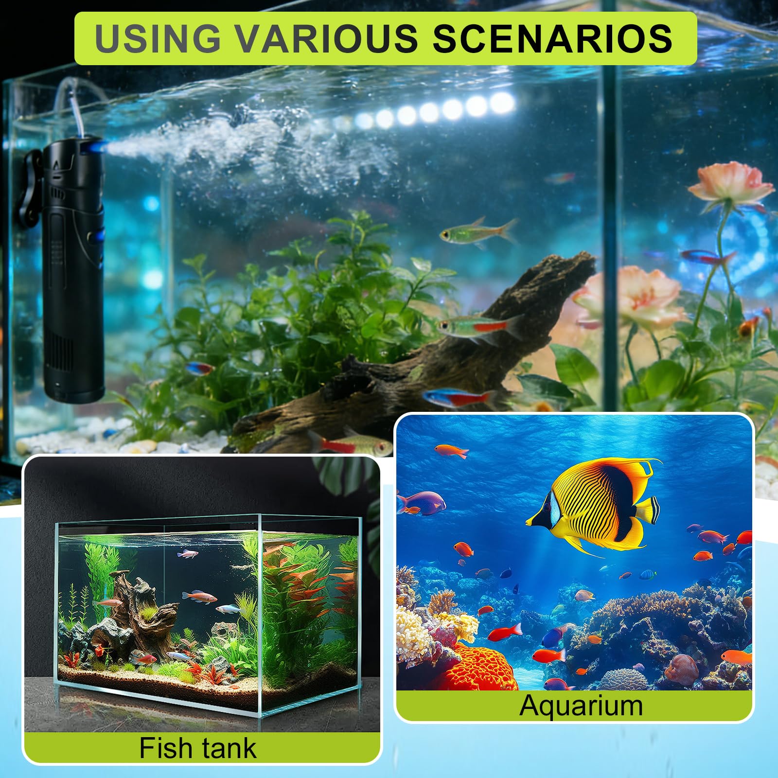 EXLECO Filtro Interno Acquario 4 in 1 con Lampada UVC da 7W, Aeratore 700 L/h 18W, Include Pompa Acqua, Skimmer e Materiale, Ossigenatore per Tartarughiera per Tartarughe d'Acqua 150-300 Litri