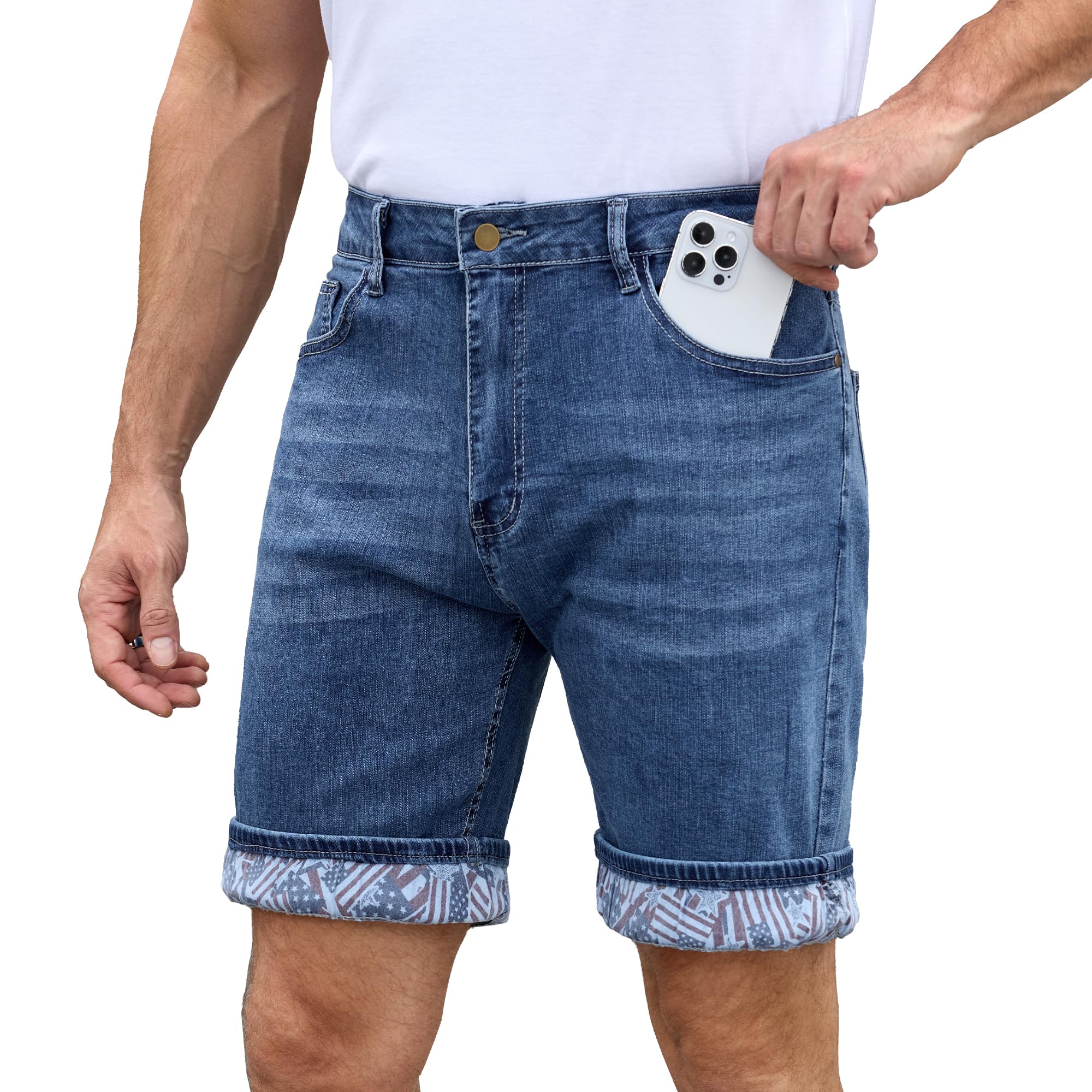 Men's Jean Shorts, Stretch Denim Jorts with USA Flag Cuffs