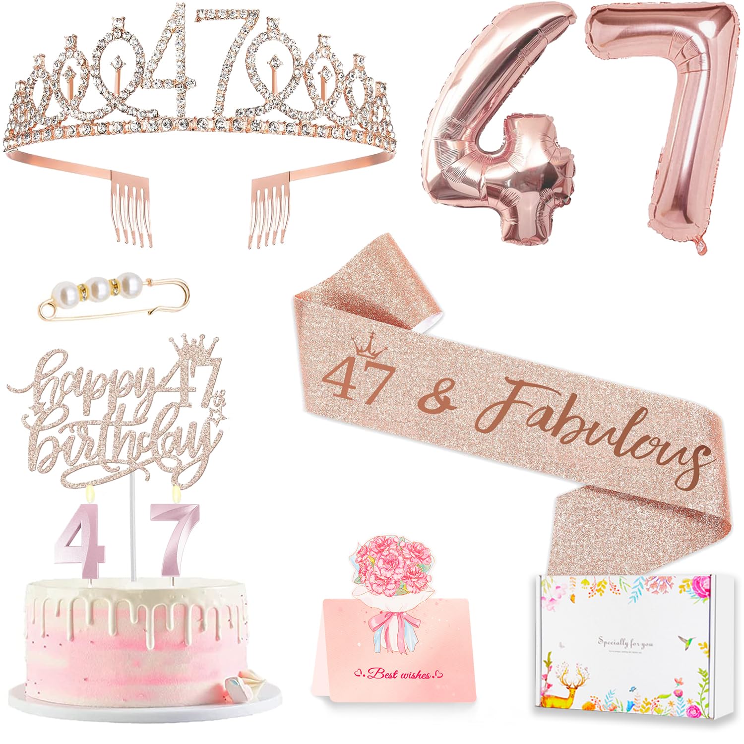47th Birthday Decorations for Her Women, Including 47 year old Birthday Cake Topper, Queen Sash with Pearl Pin, Sweet Rhinestone Tiara Crown, Number Candles and Balloons Set, Rose Gold
