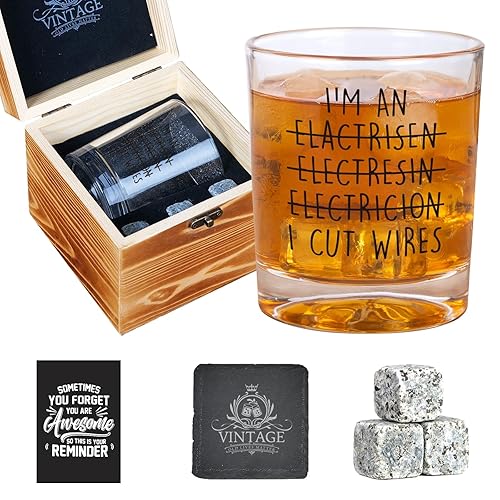 Funny Whiskey Glasses Electrician Gifts for Men, White Elephant Gifts