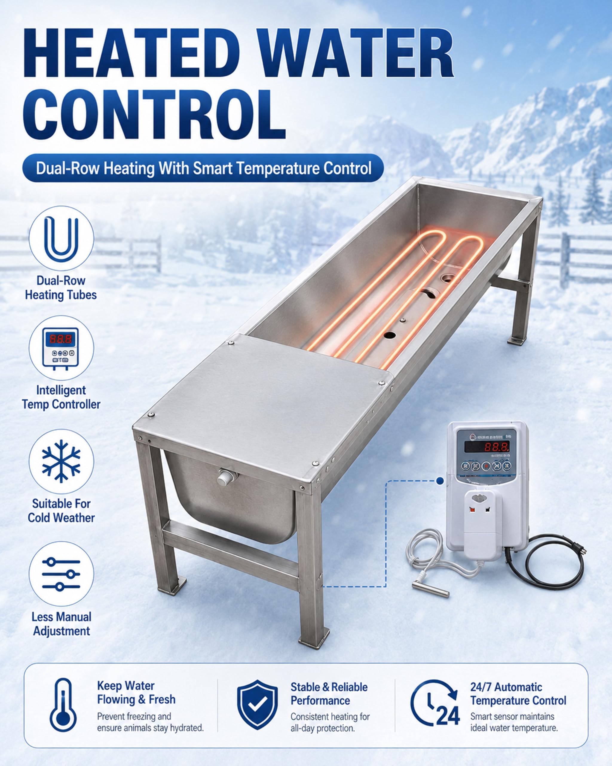 Abbeveratoio Automatico Bestiame Riscaldato Acciaio Inox Grande capacità Supporto Metallico Valvola Galleggiante Termostato Cavallo Capra Pecora Bovini Fattoria Scarico,Argento,150cm
