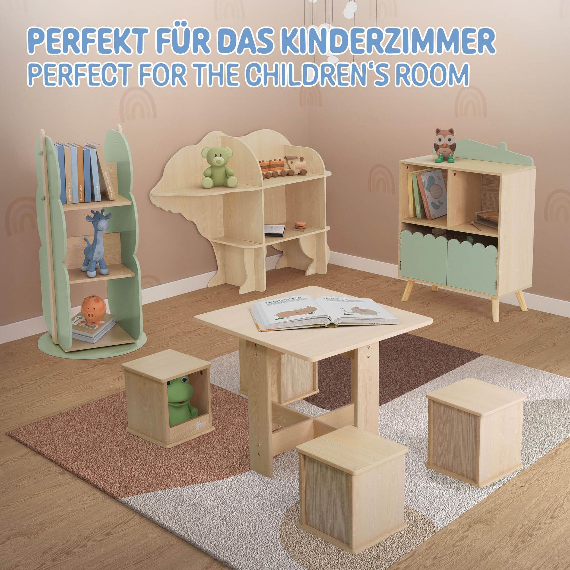 Joyz Etagère pour Enfants avec 3 Compartiments, 60x30x82 cm, Bibliothèque en Bois, Vert Naturel, Design Maison, Armoire à Jouets avec Espace de Rangement, Meubles sur Pied pour Chambre d'enfant