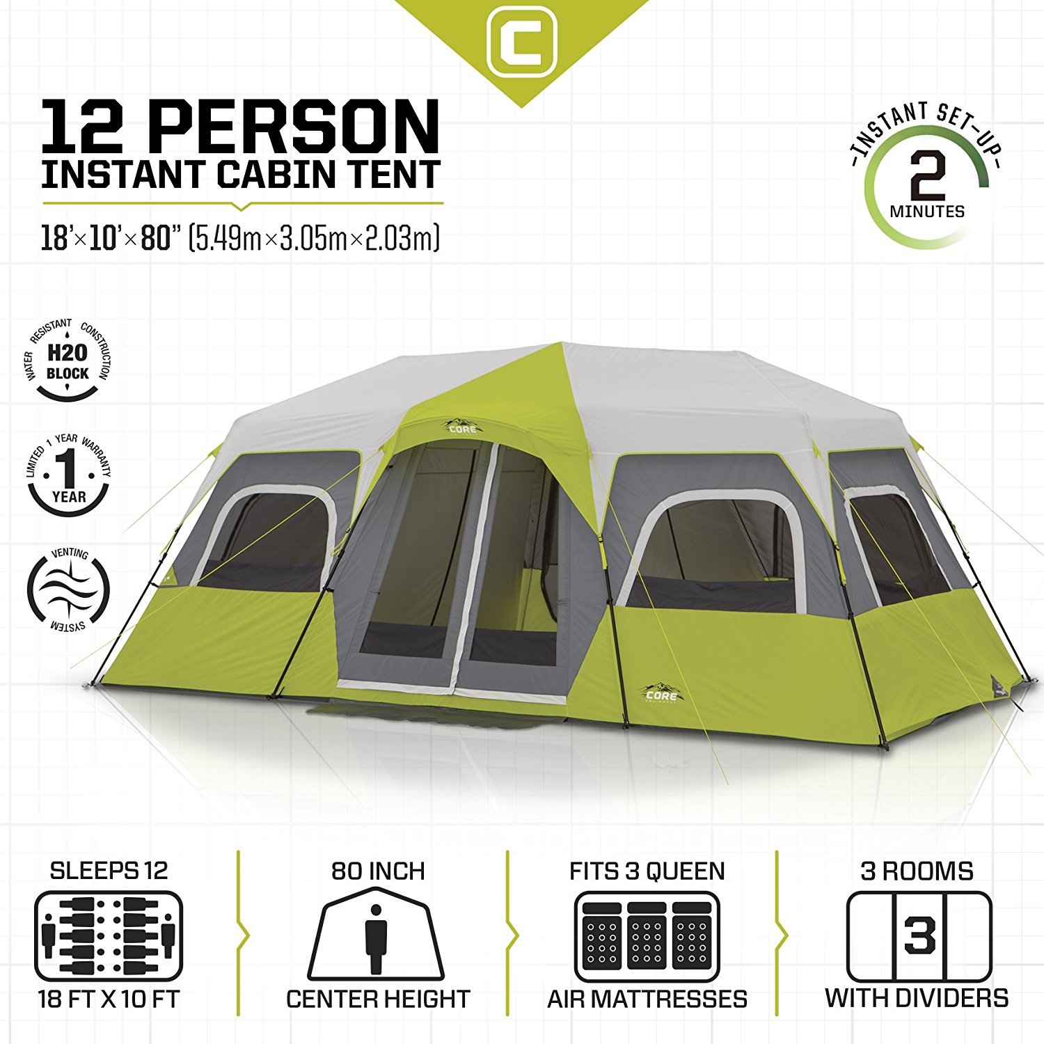 Amazon.co.jp: CORE 12 Person Instant Cabin Tent - 18' x 10