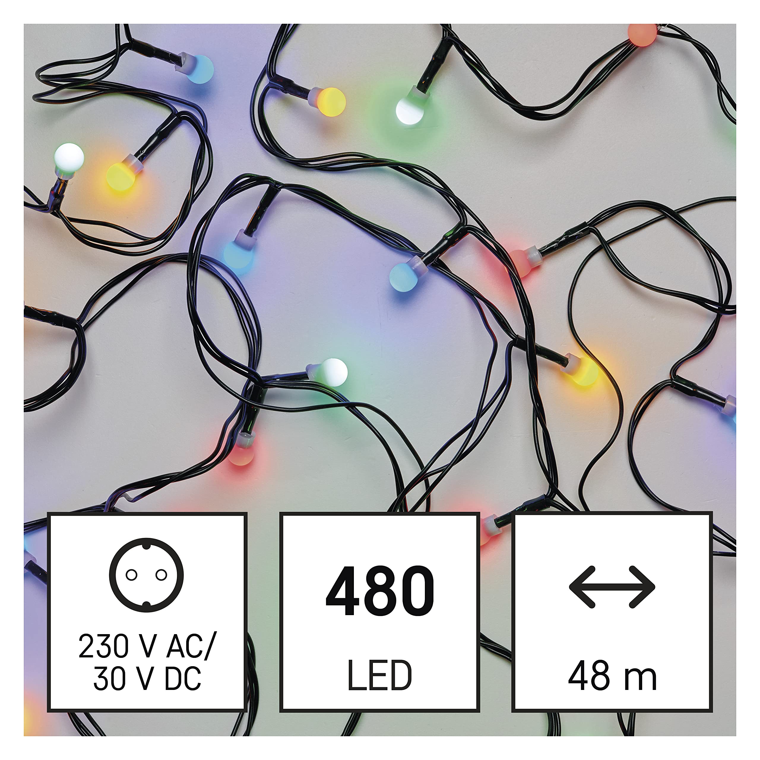 EMOS LED-Lichterkette bunt für Innen und Außen, 48m lange Weihnachtslichterkette mit 480 LEDs in Kugelform, 6 Stunden Timer Funktion, Netzteil und Transformator, für Partys, Weihnachten, Deko